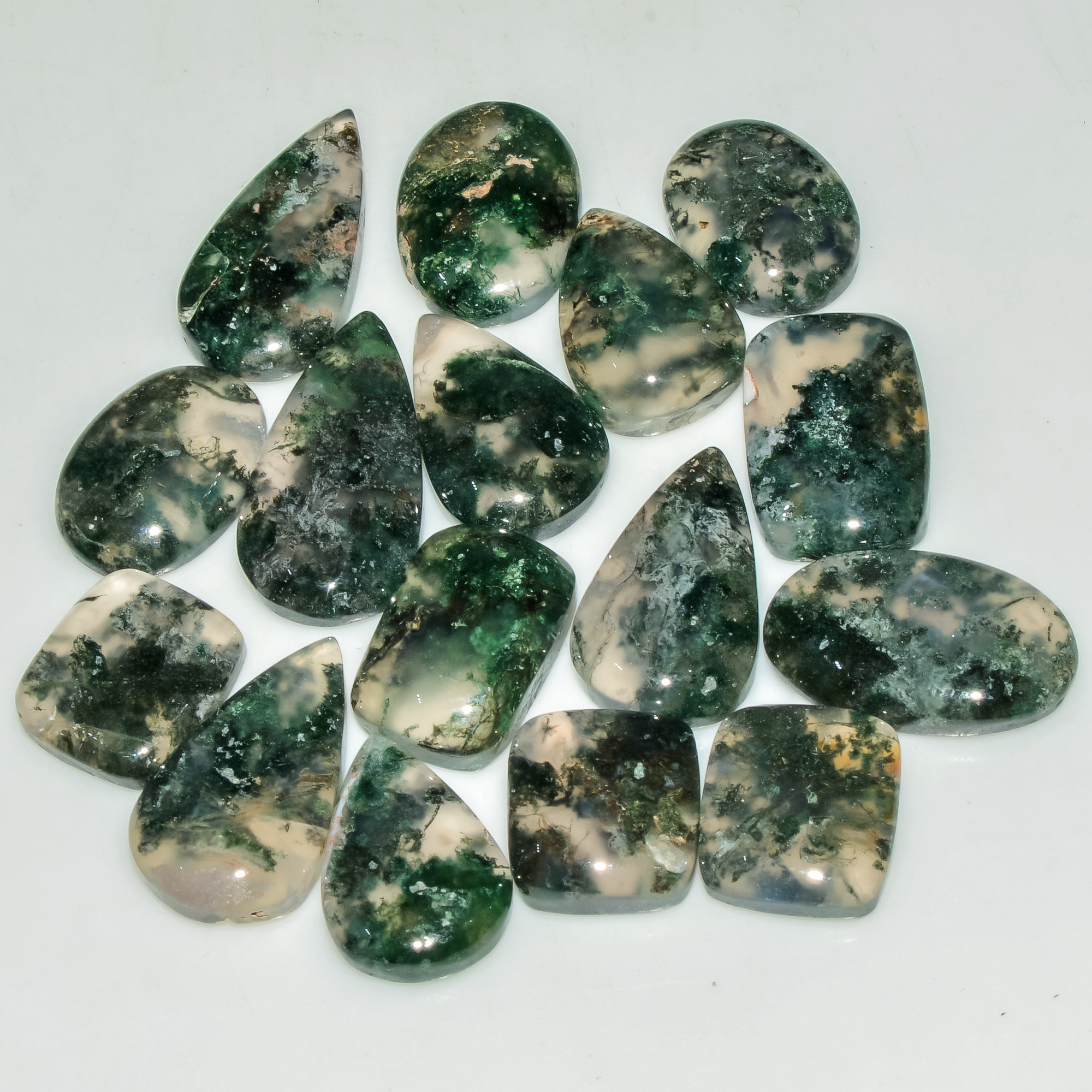 16 Pcs 144 Cts Natural Green Moss Agate Cabochon Loose Gemstone Lot For Jewelry 23X11 13X11mm 18141