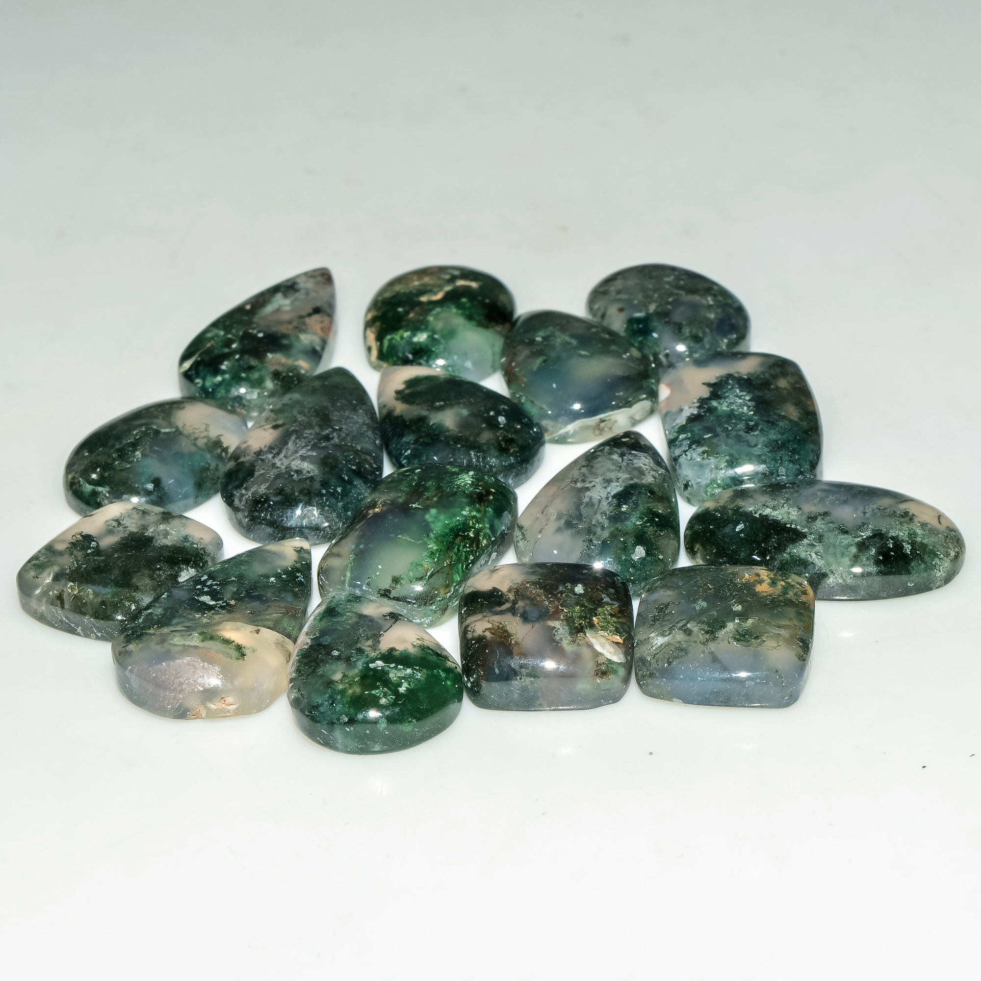 16 Pcs 144 Cts Natural Green Moss Agate Cabochon Loose Gemstone Lot For Jewelry 23X11 13X11mm 18141