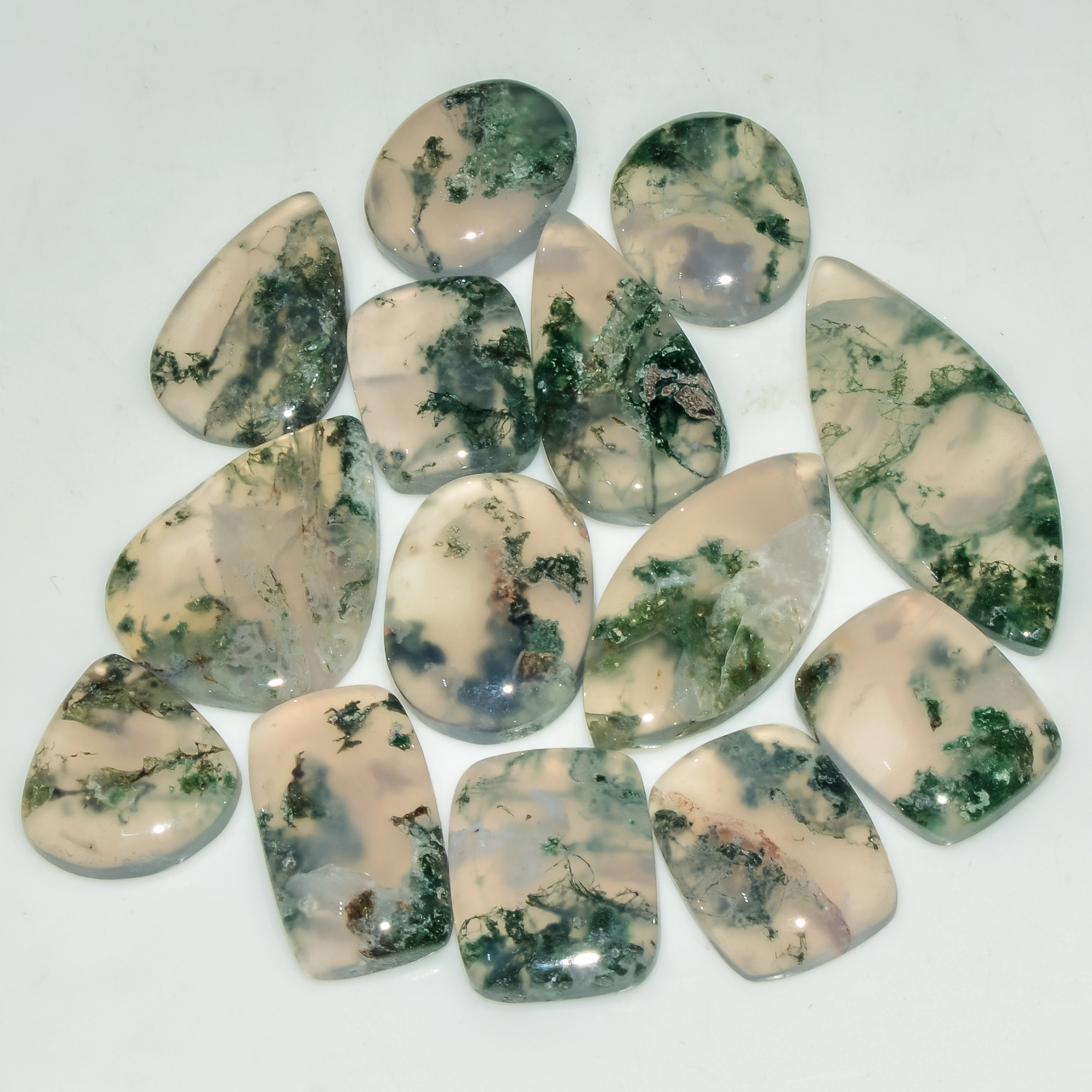 14 Pcs 157 Cts Natural Green Moss Agate Cabochon Loose Gemstone Lot For Jewelry 34X13 15X14mm 18142
