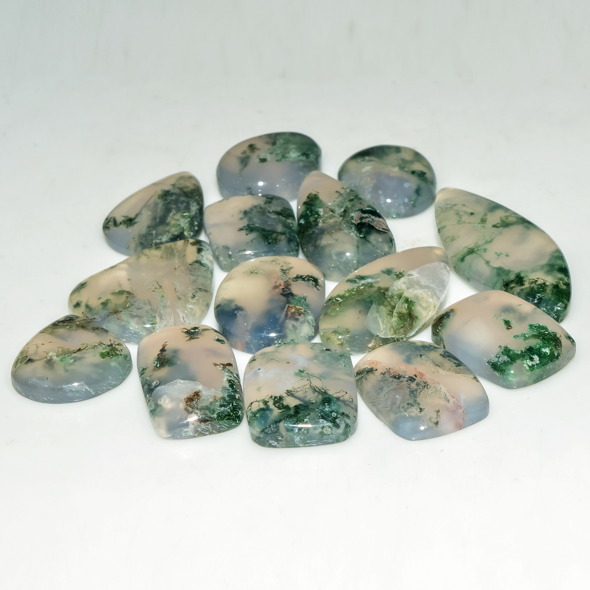 14 Pcs 157 Cts Natural Green Moss Agate Cabochon Loose Gemstone Lot For Jewelry 34X13 15X14mm 18142