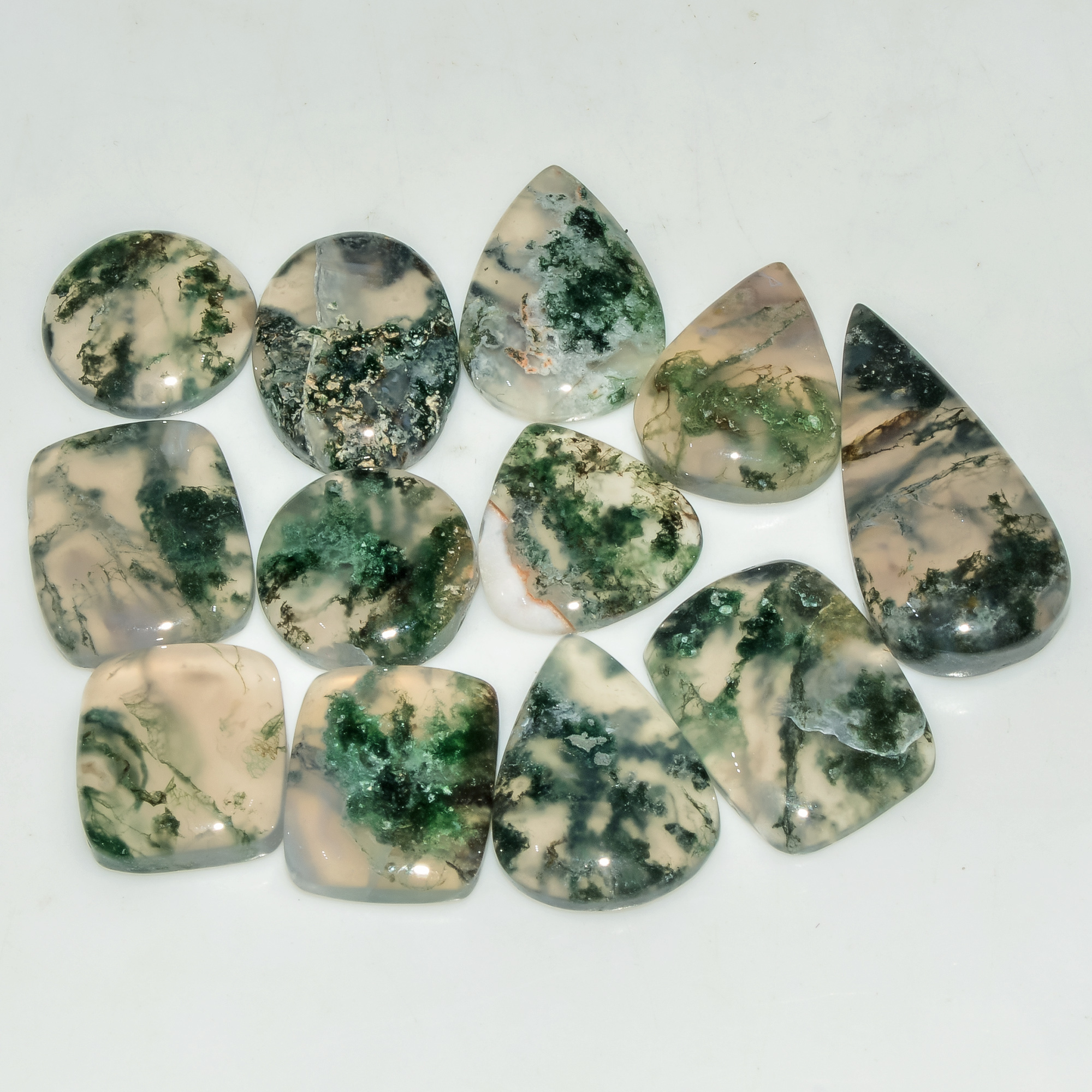 12 Pcs 125 Cts Natural Green Moss Agate Cabochon Loose Gemstone Lot For Jewelry 28X13 14X14mm 18143