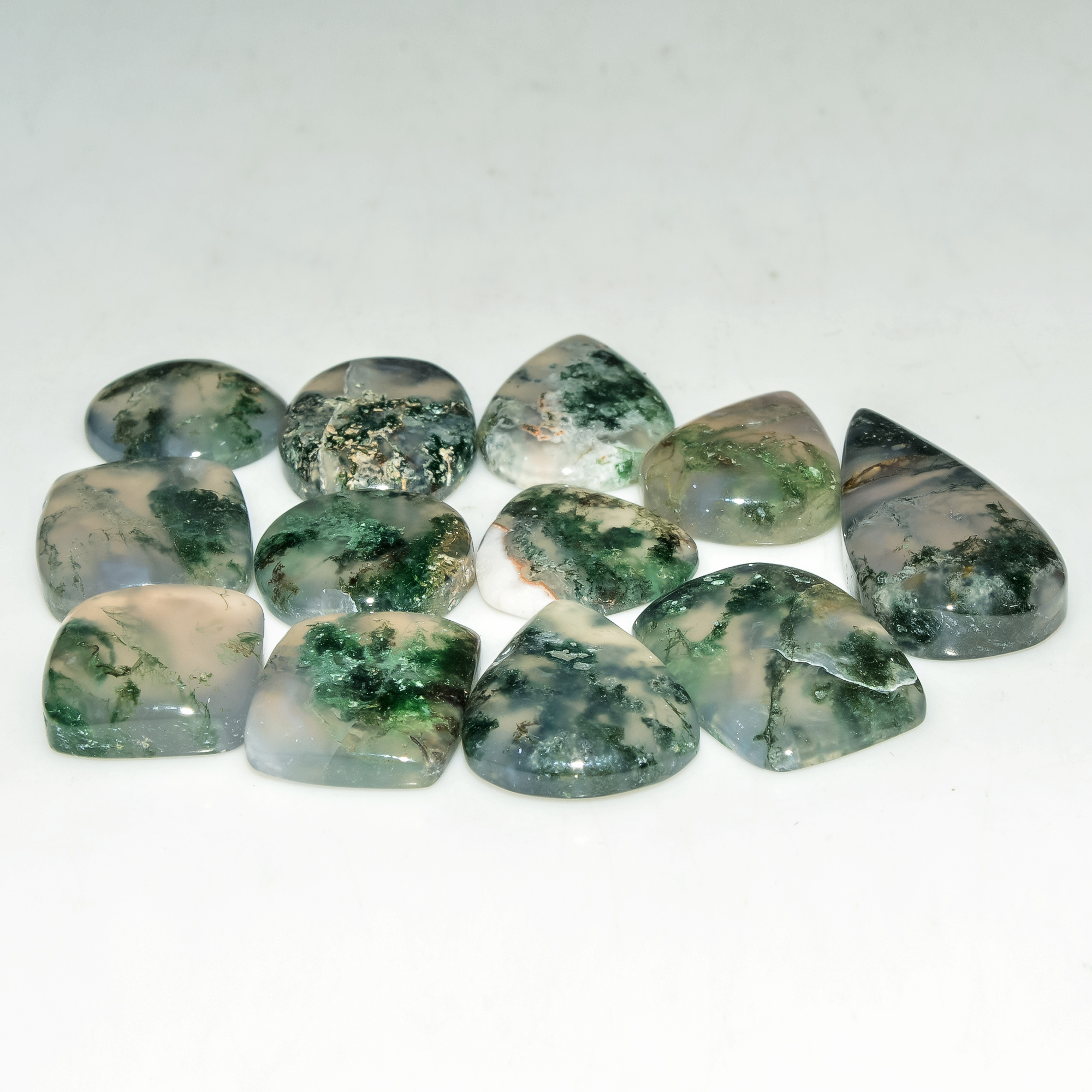 12 Pcs 125 Cts Natural Green Moss Agate Cabochon Loose Gemstone Lot For Jewelry 28X13 14X14mm 18143