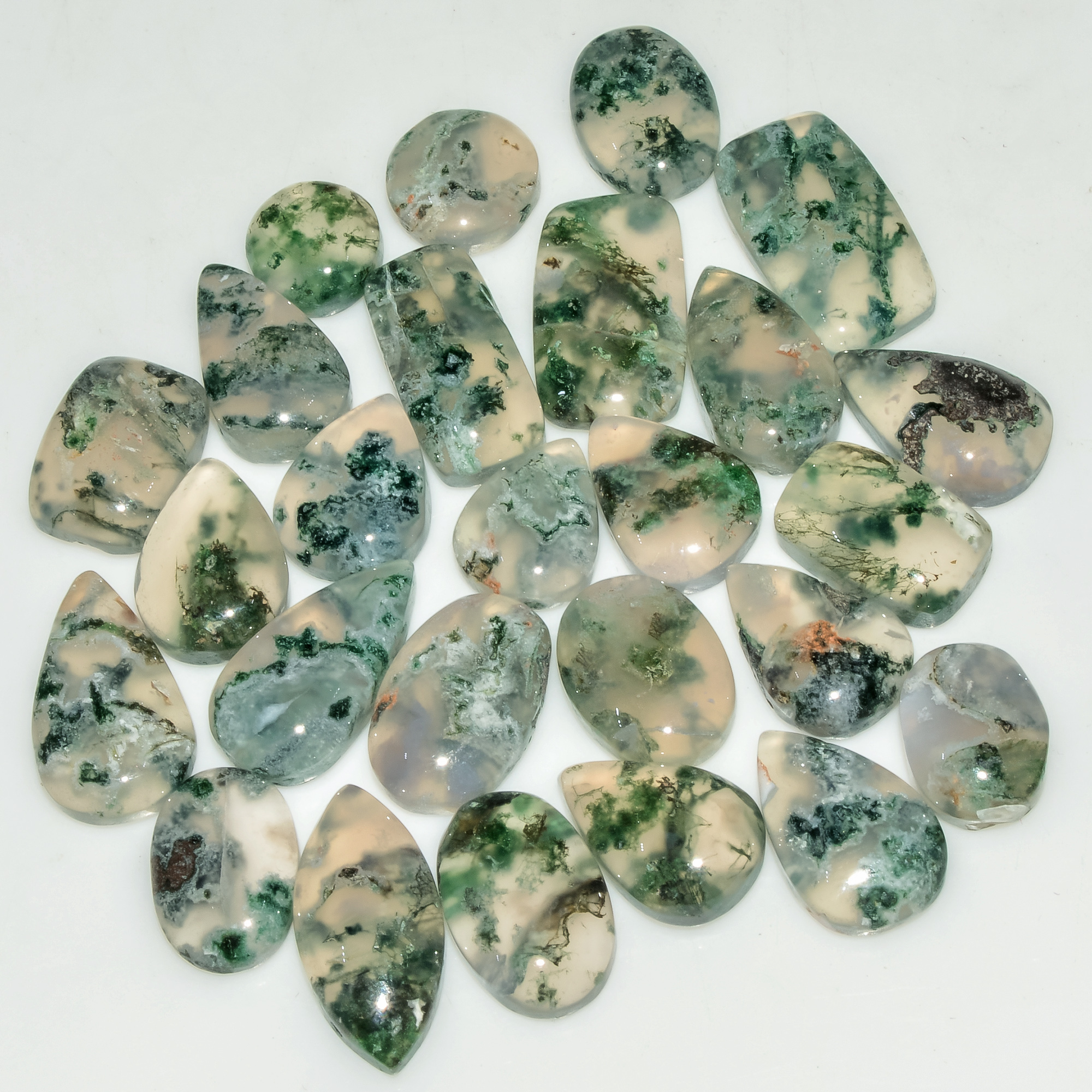 26 Pcs 129 Cts Natural Green Moss Agate Cabochon Loose Gemstone Lot For Jewelry 17X9 8X8mm 18145