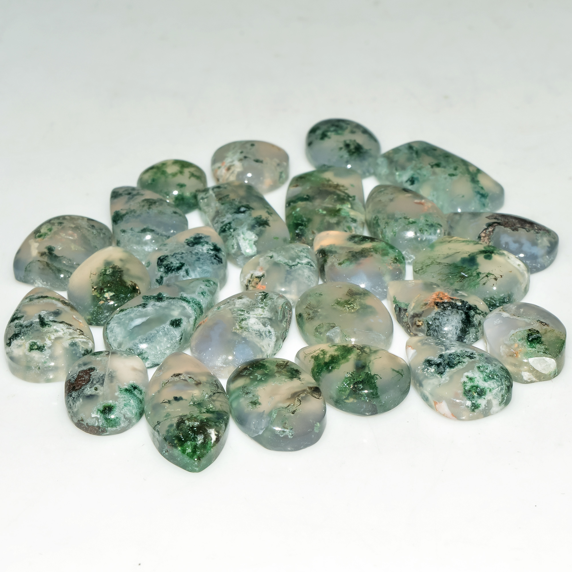 26 Pcs 129 Cts Natural Green Moss Agate Cabochon Loose Gemstone Lot For Jewelry 17X9 8X8mm 18145