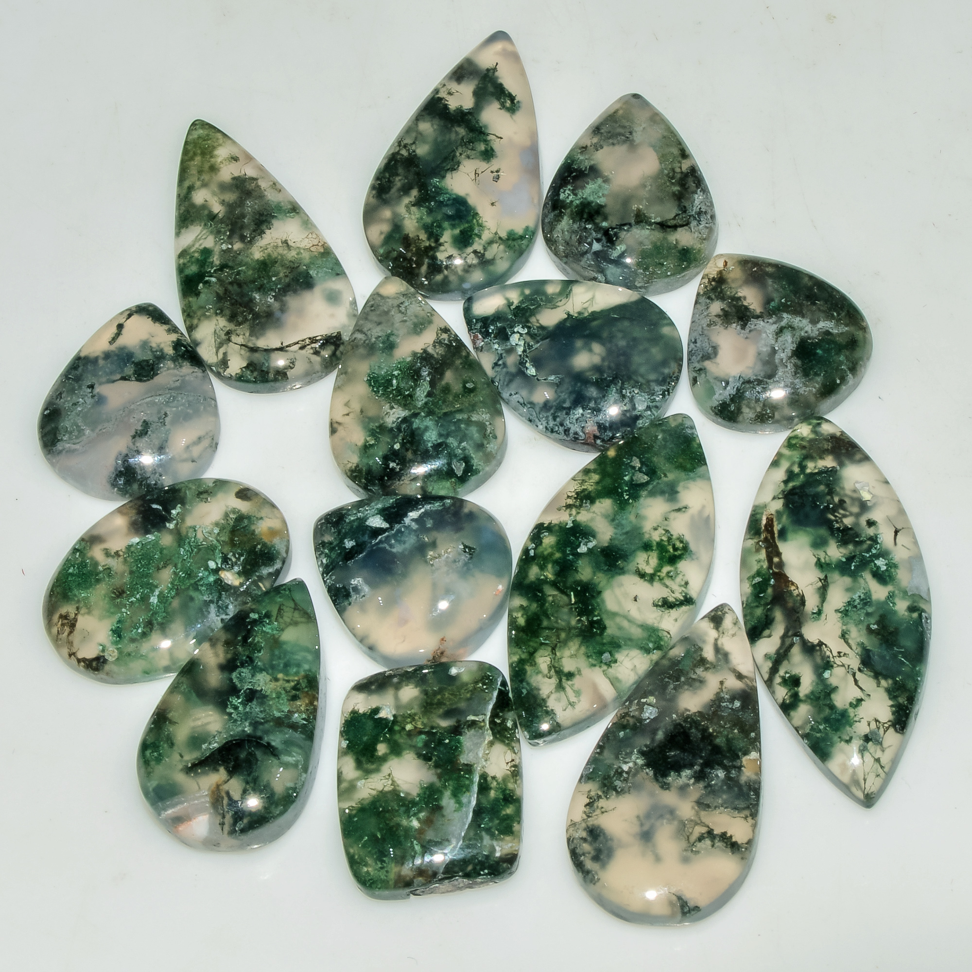 14 Pcs 125 Cts Natural Green Moss Agate Cabochon Loose Gemstone Lot For Jewelry 29X12 14X13mm 18146
