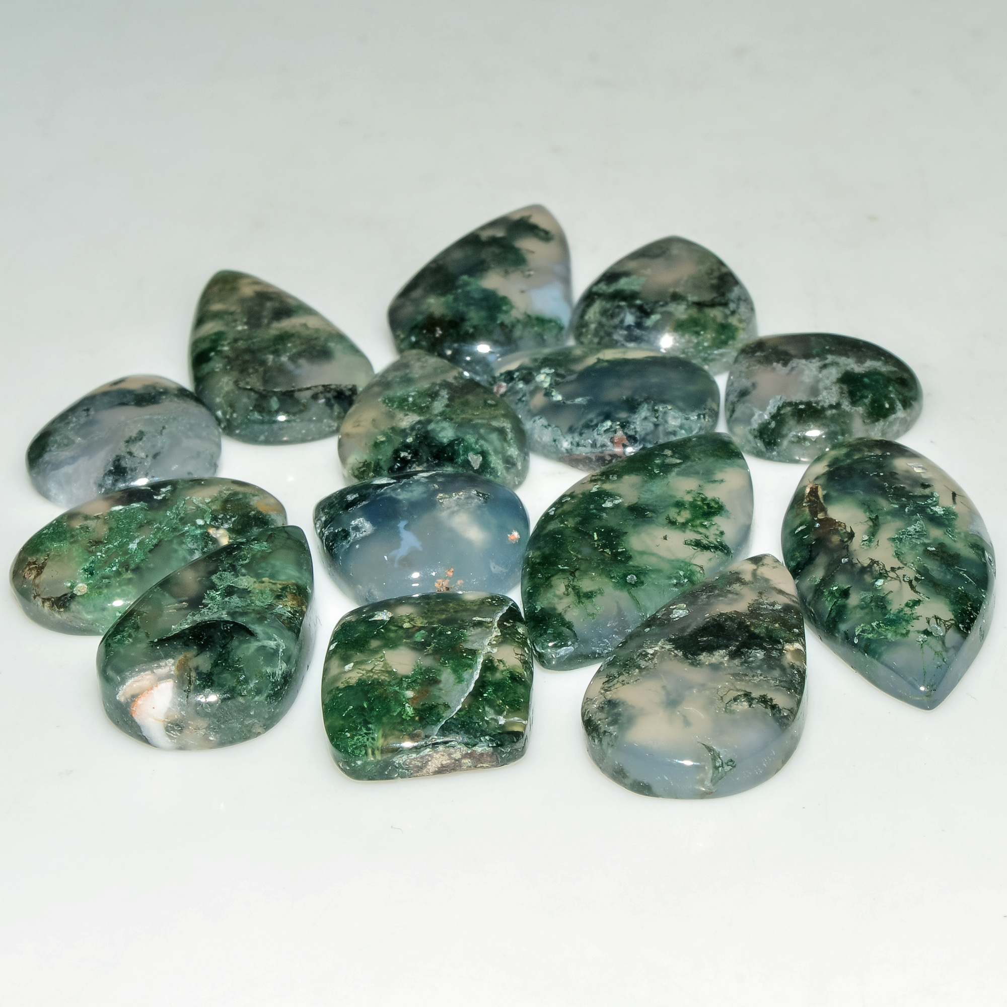 14 Pcs 125 Cts Natural Green Moss Agate Cabochon Loose Gemstone Lot For Jewelry 29X12 14X13mm 18146