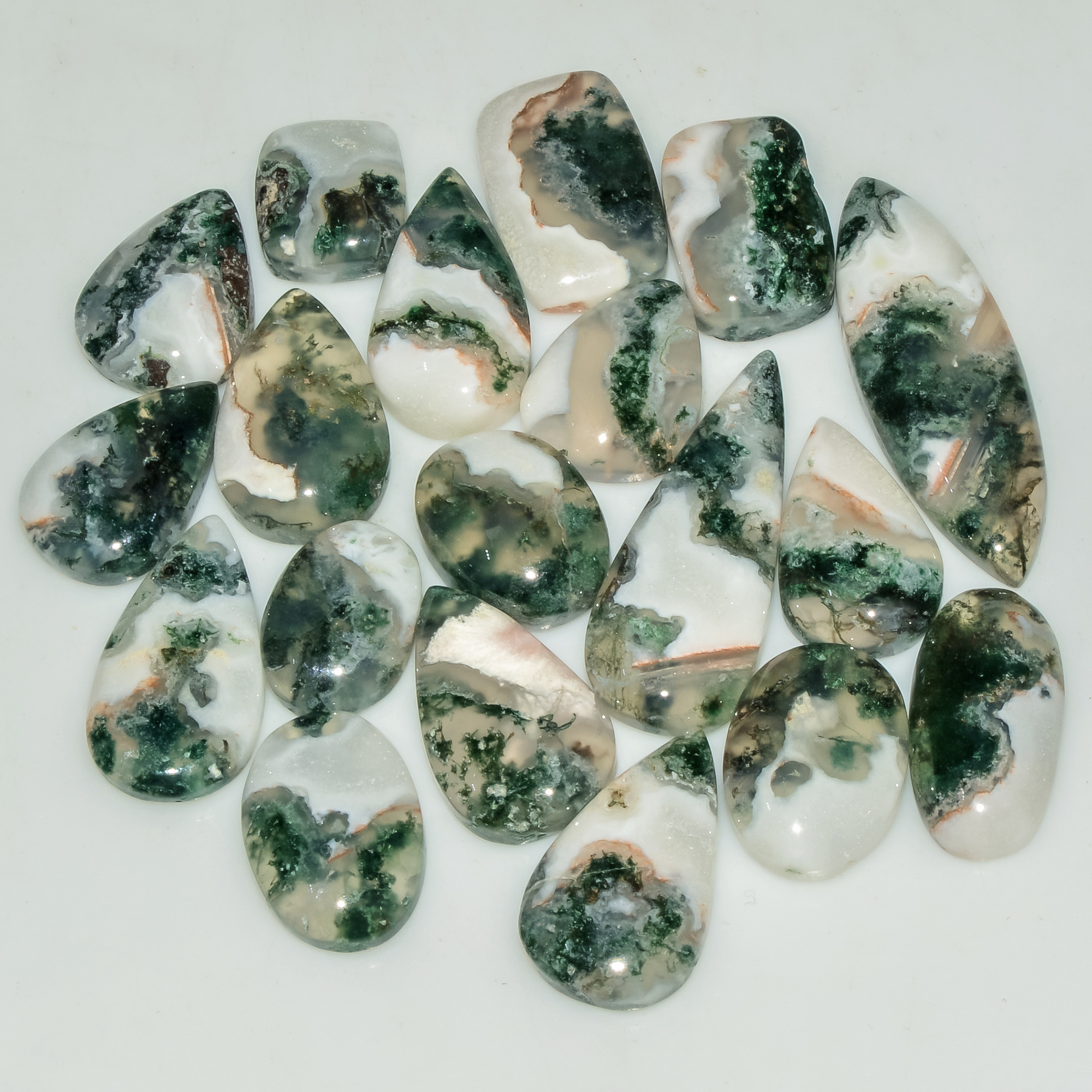 20 Pcs 150 Cts Natural Green Moss Agate Cabochon Loose Gemstone Lot For Jewelry 32X10 11X10mm 18147