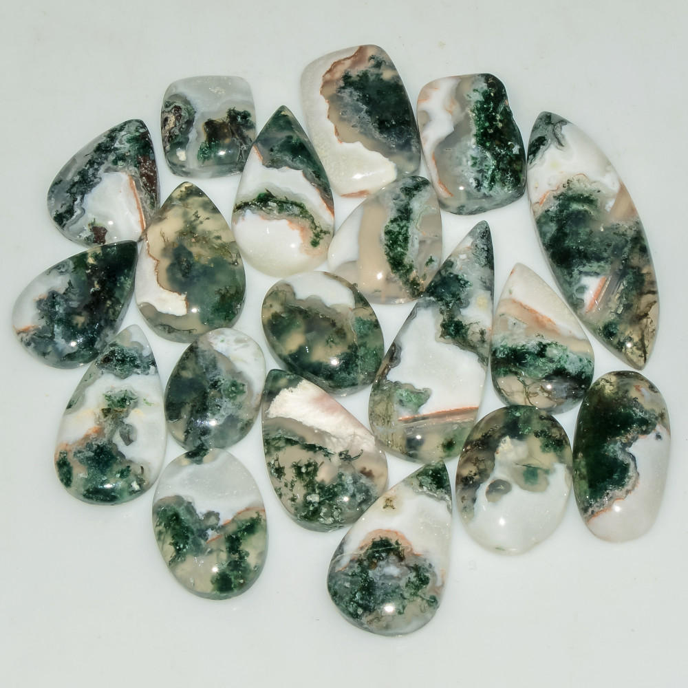 Image of 20 Pcs 150 Cts Natural Green Moss Agate Cabochon Loose Gemstone Lot For Jewelry 32X10 11X10mm #18147