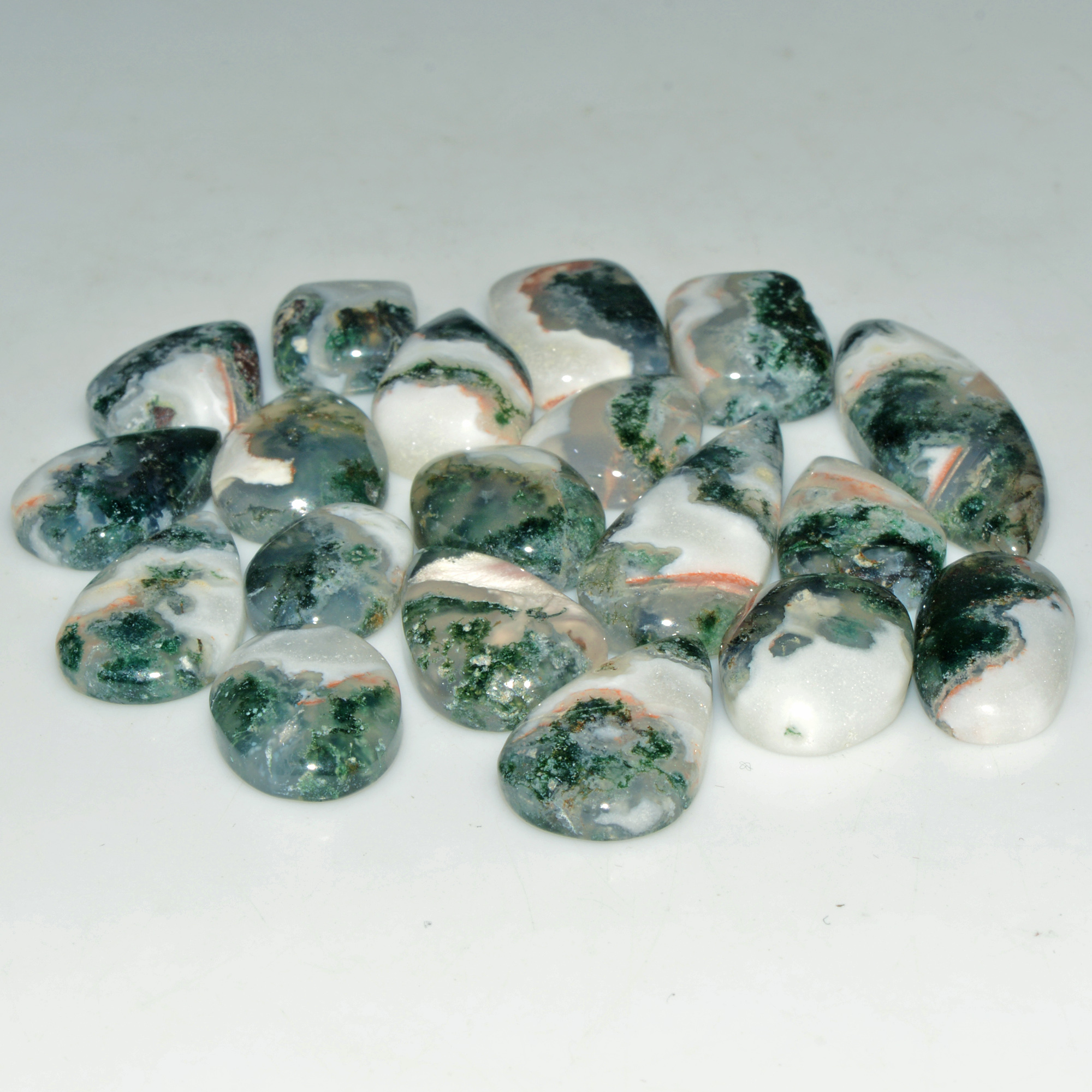 20 Pcs 150 Cts Natural Green Moss Agate Cabochon Loose Gemstone Lot For Jewelry 32X10 11X10mm 18147