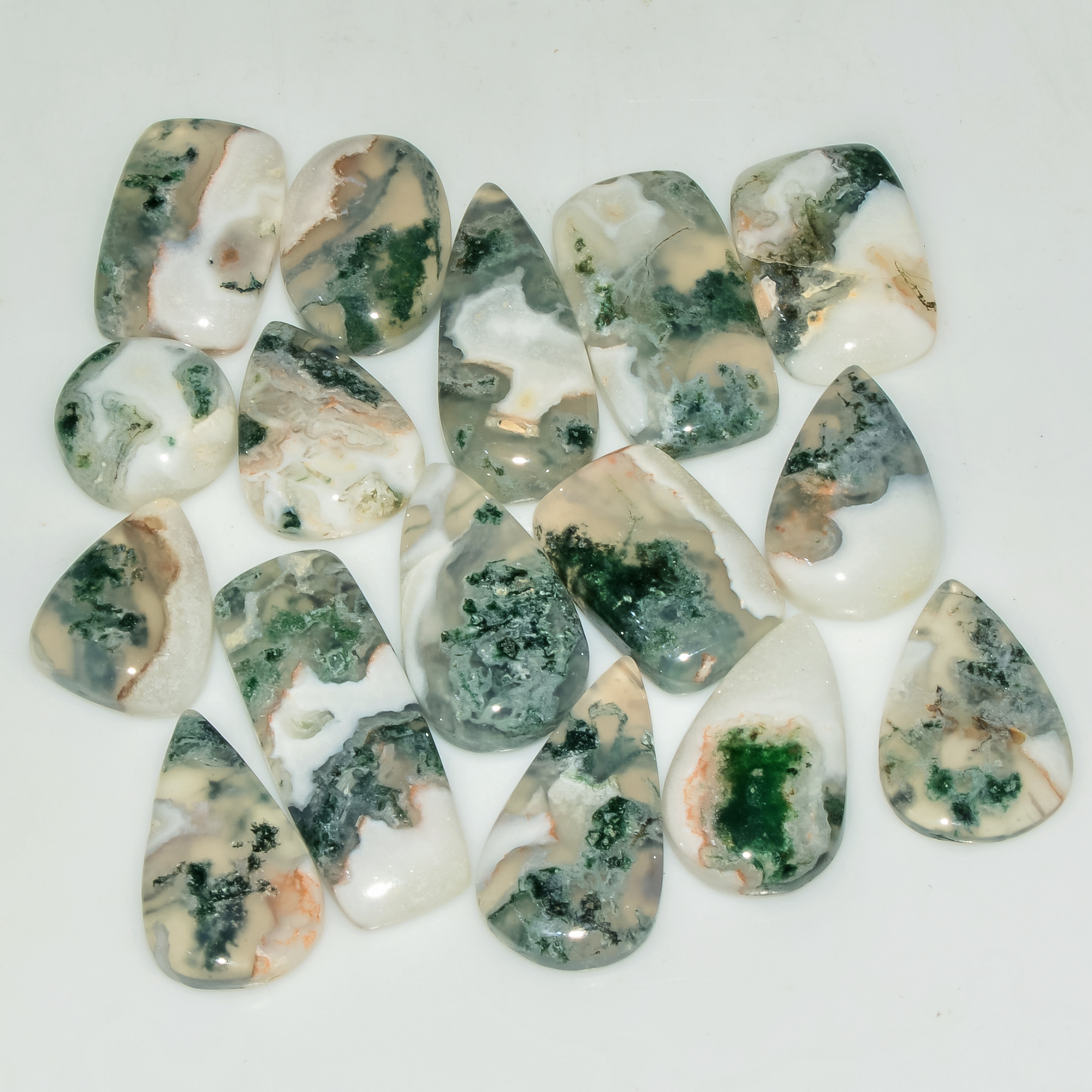 16 Pcs 149 Cts Green Moss Agate Cabochon Loose Gemstone Lot Natural Crystal For Healing and Reiki 27X10 12X12mm 18148