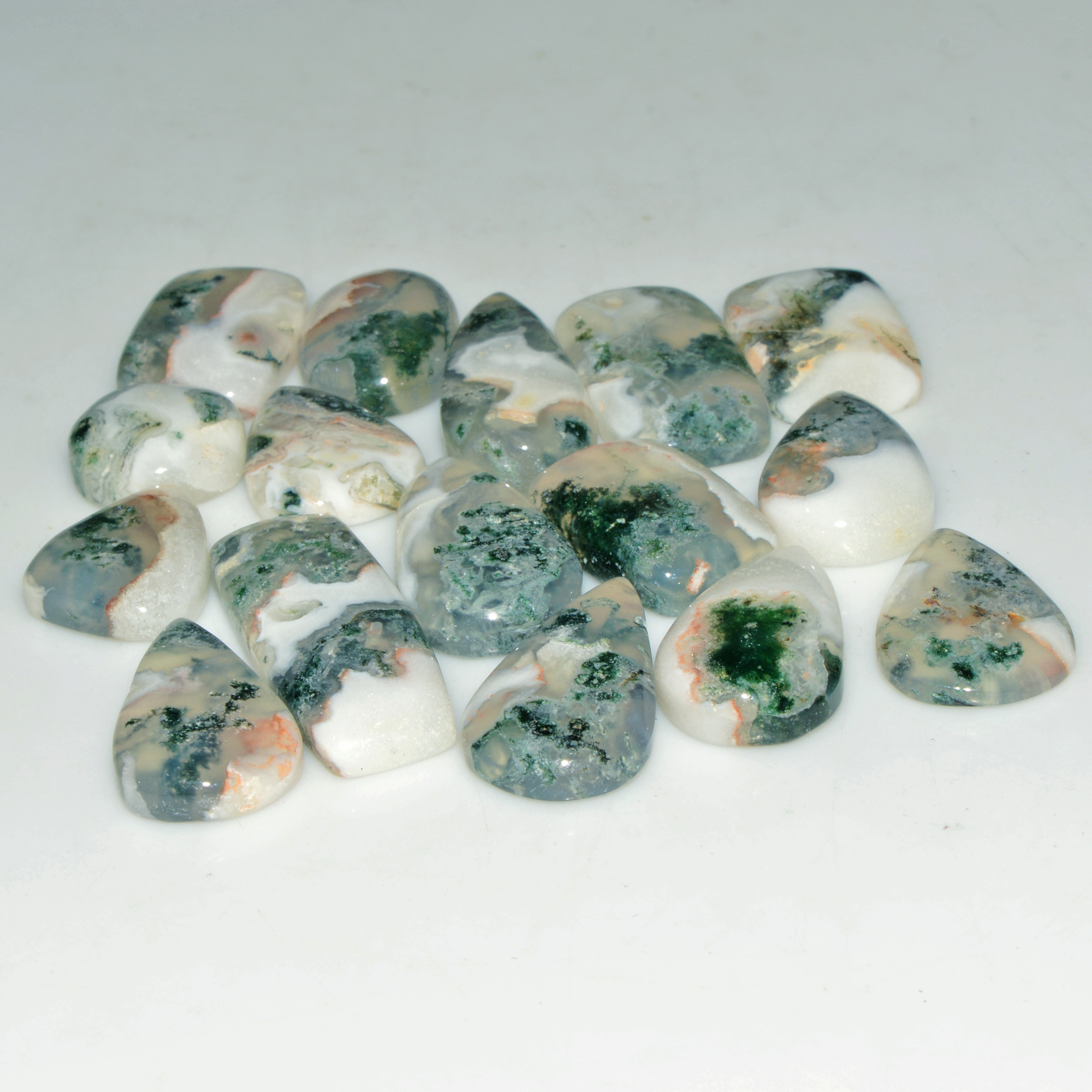 16 Pcs 149 Cts Green Moss Agate Cabochon Loose Gemstone Lot Natural Crystal For Healing and Reiki 27X10 12X12mm 18148