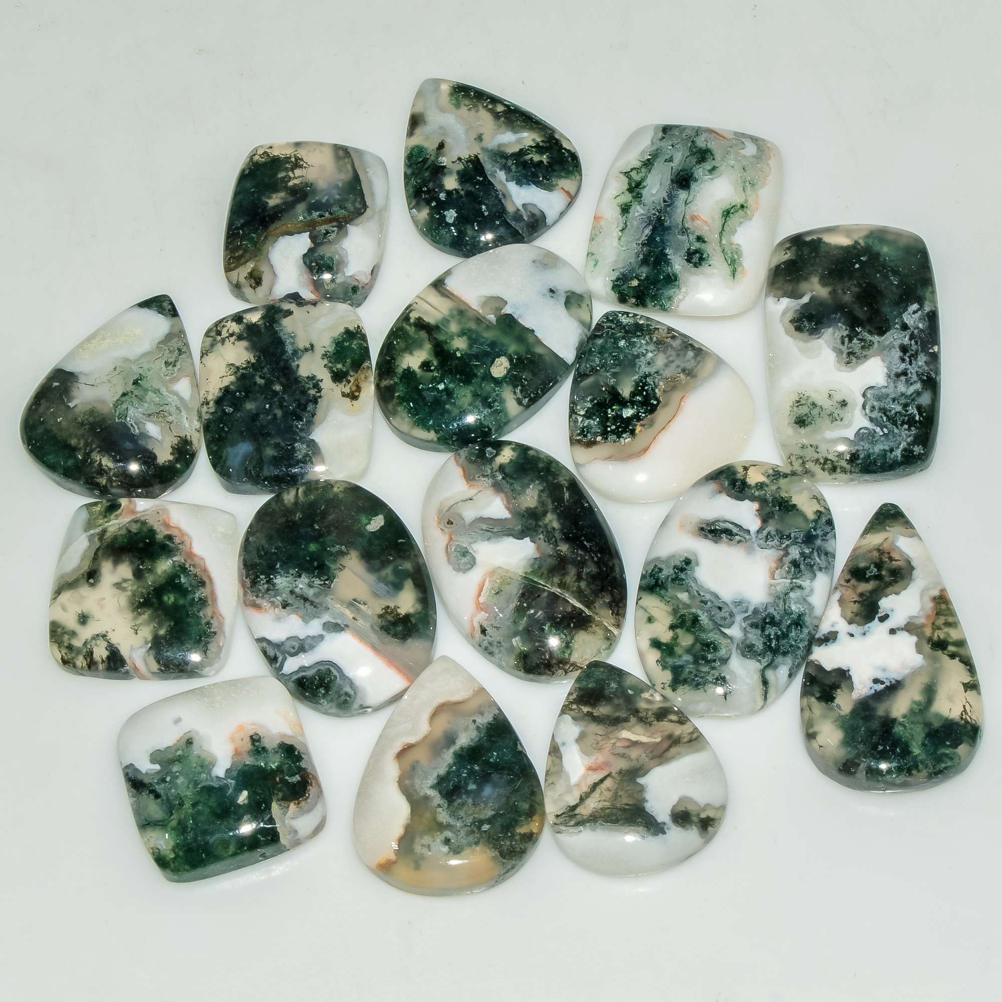 16 Pcs 197 Cts Green Moss Agate Cabochon Loose Gemstone Lot Natural Crystal For Healing and Reiki 24X14 15X13mm 18149