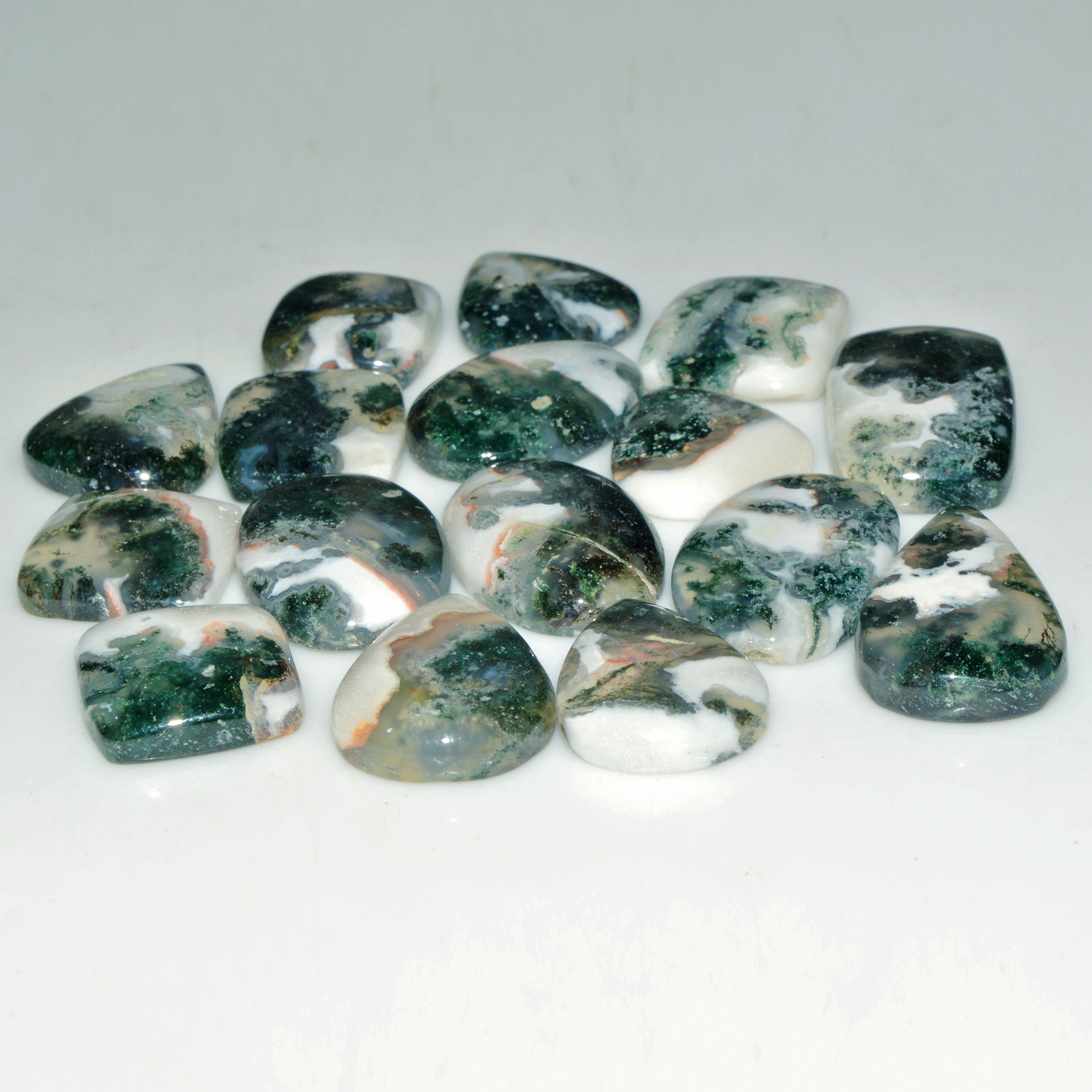 16 Pcs 197 Cts Green Moss Agate Cabochon Loose Gemstone Lot Natural Crystal For Healing and Reiki 24X14 15X13mm 18149
