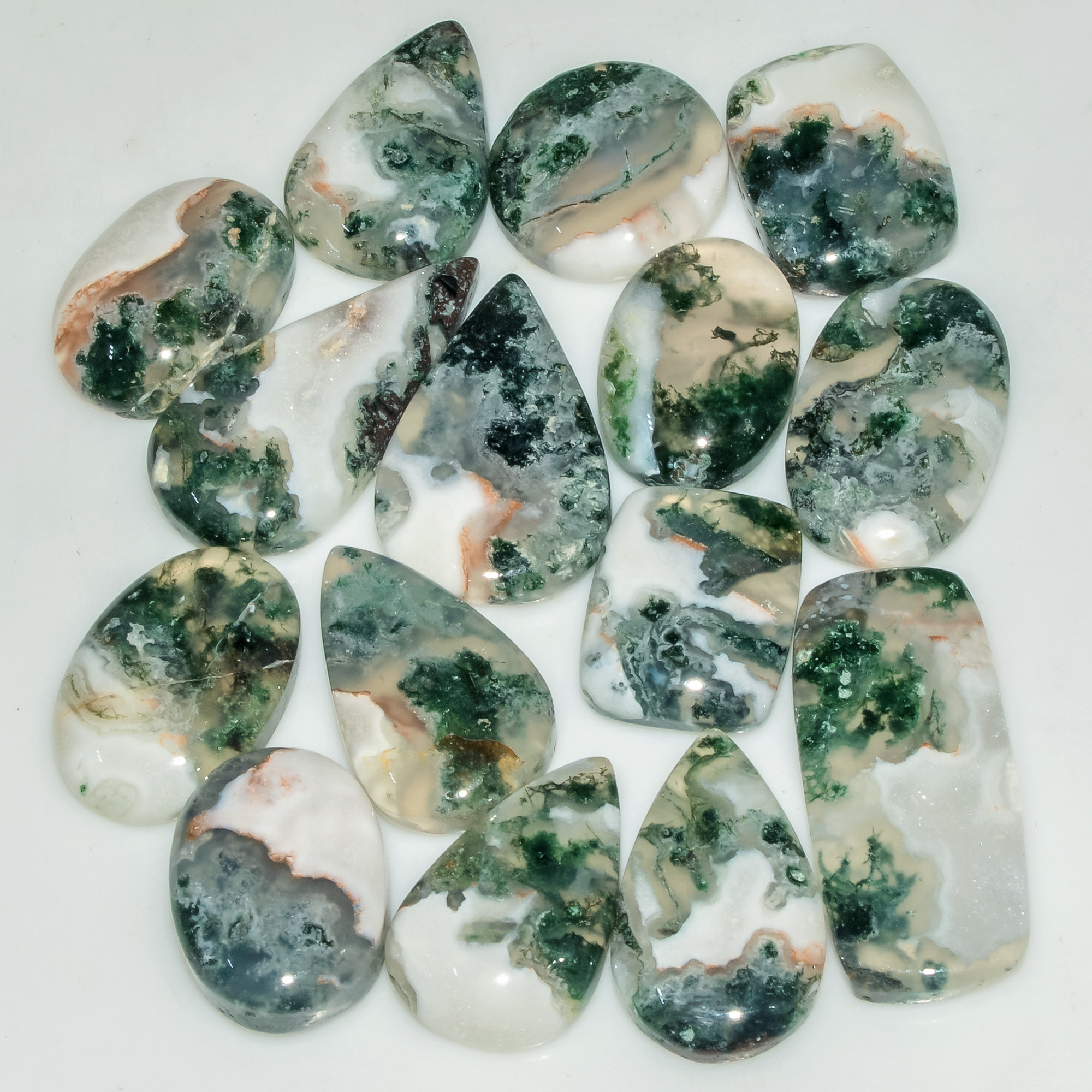 15 Pcs 174 Cts Green Moss Agate Cabochon Loose Gemstone Lot Natural Crystal For Healing and Reiki 28X13 15X15mm 18150
