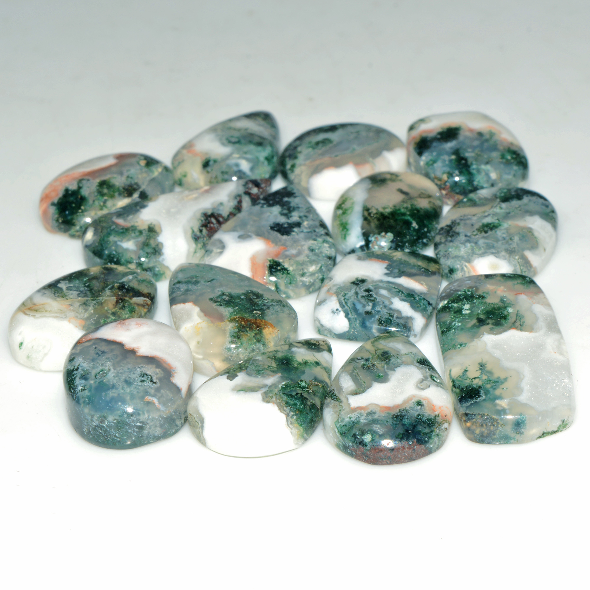 15 Pcs 174 Cts Green Moss Agate Cabochon Loose Gemstone Lot Natural Crystal For Healing and Reiki 28X13 15X15mm 18150
