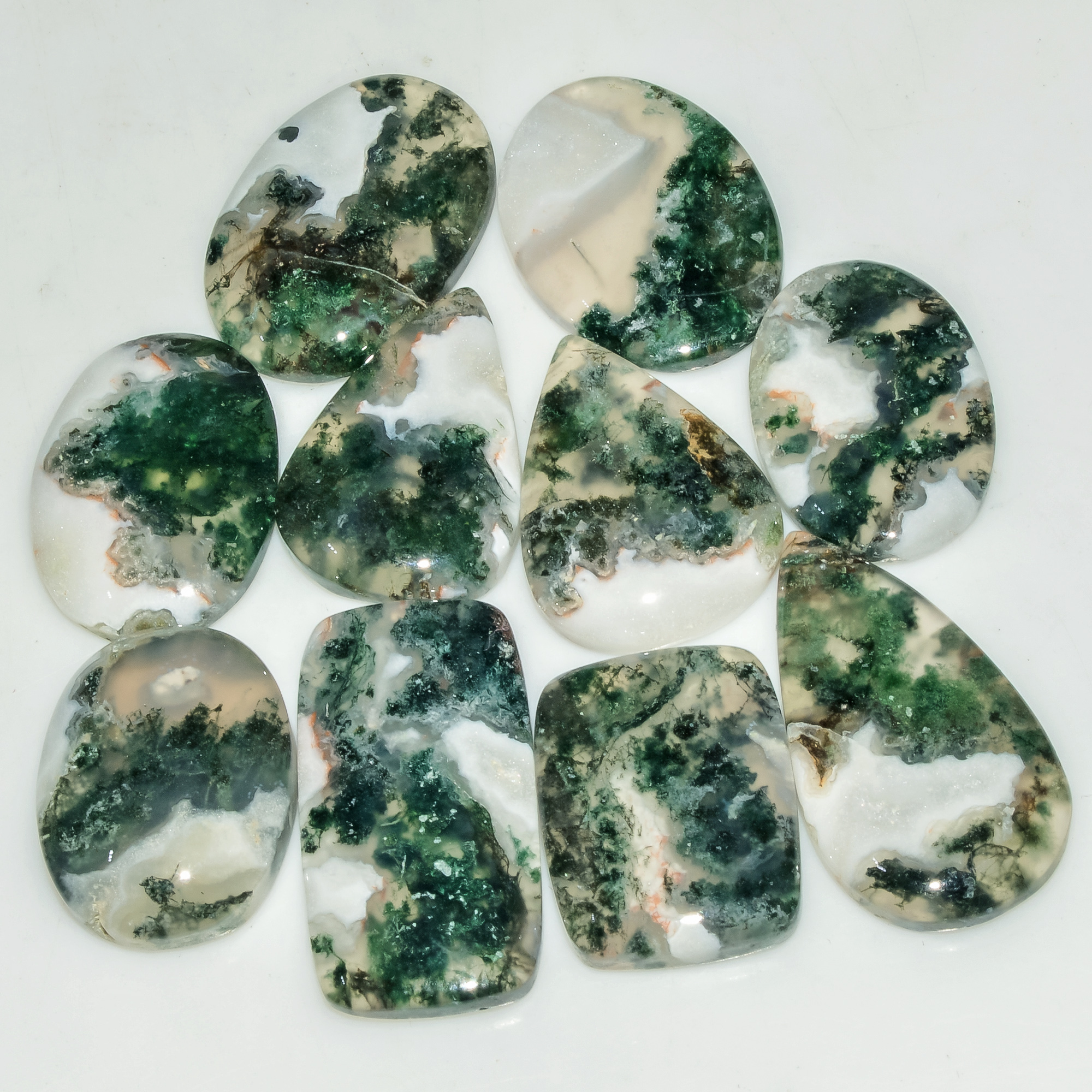 10 Pcs 169 Cts Green Moss Agate Cabochon Loose Gemstone Lot Natural Crystal For Healing and Reiki 29X15 22X15mm 18151