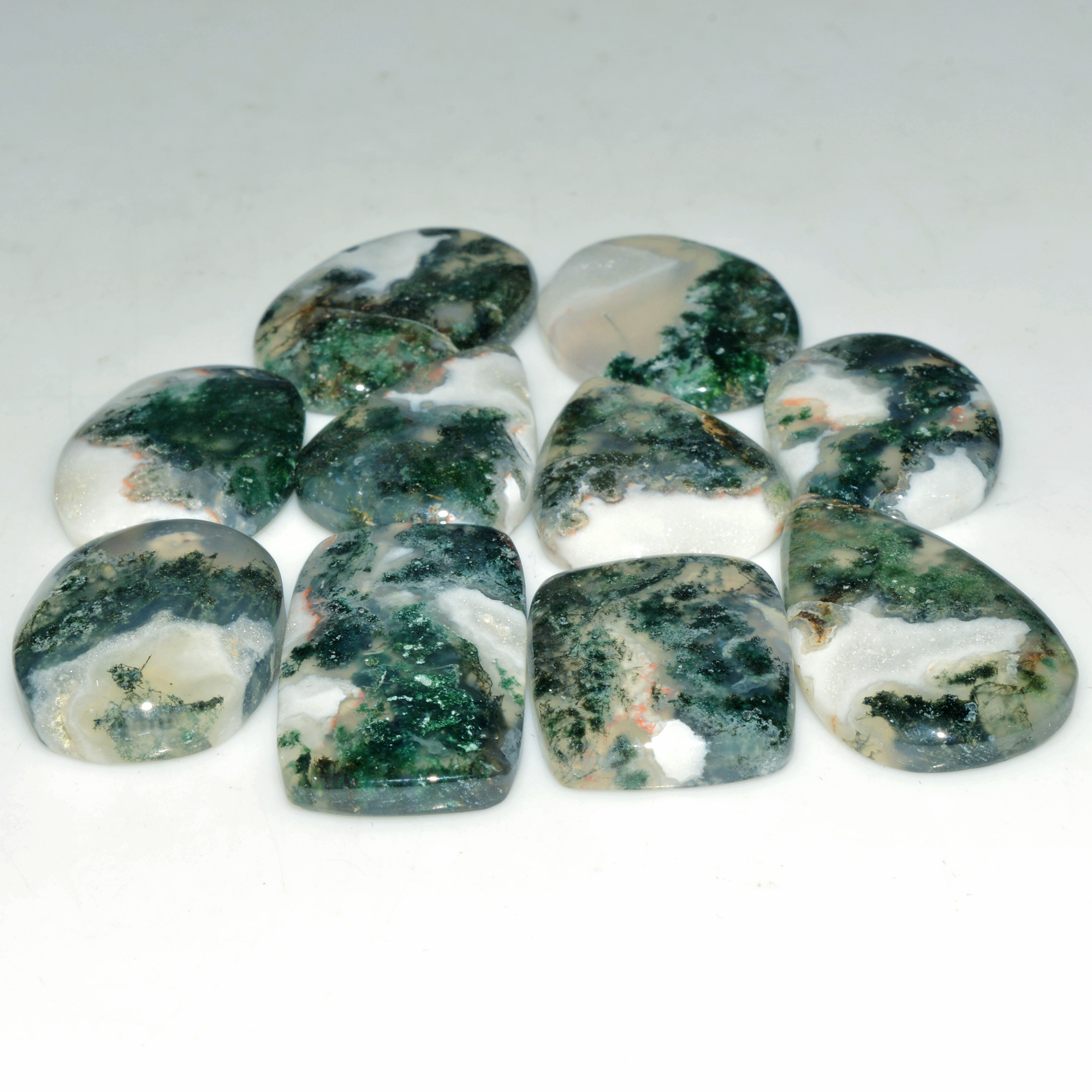 10 Pcs 169 Cts Green Moss Agate Cabochon Loose Gemstone Lot Natural Crystal For Healing and Reiki 29X15 22X15mm 18151