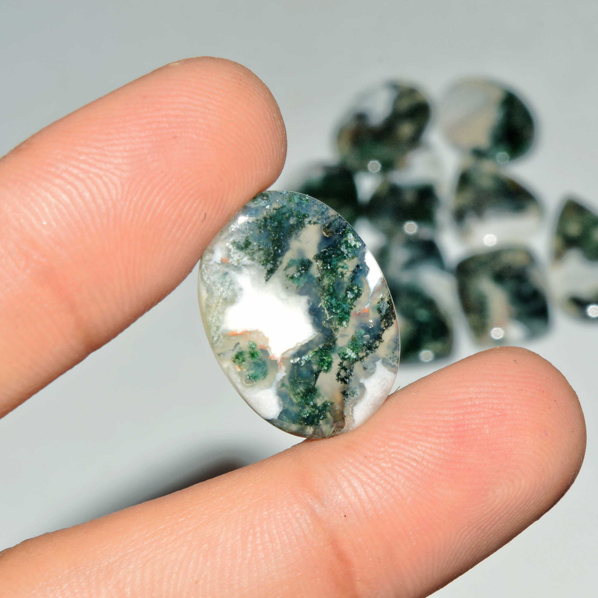 10 Pcs 169 Cts Green Moss Agate Cabochon Loose Gemstone Lot Natural Crystal For Healing and Reiki 29X15 22X15mm 18151