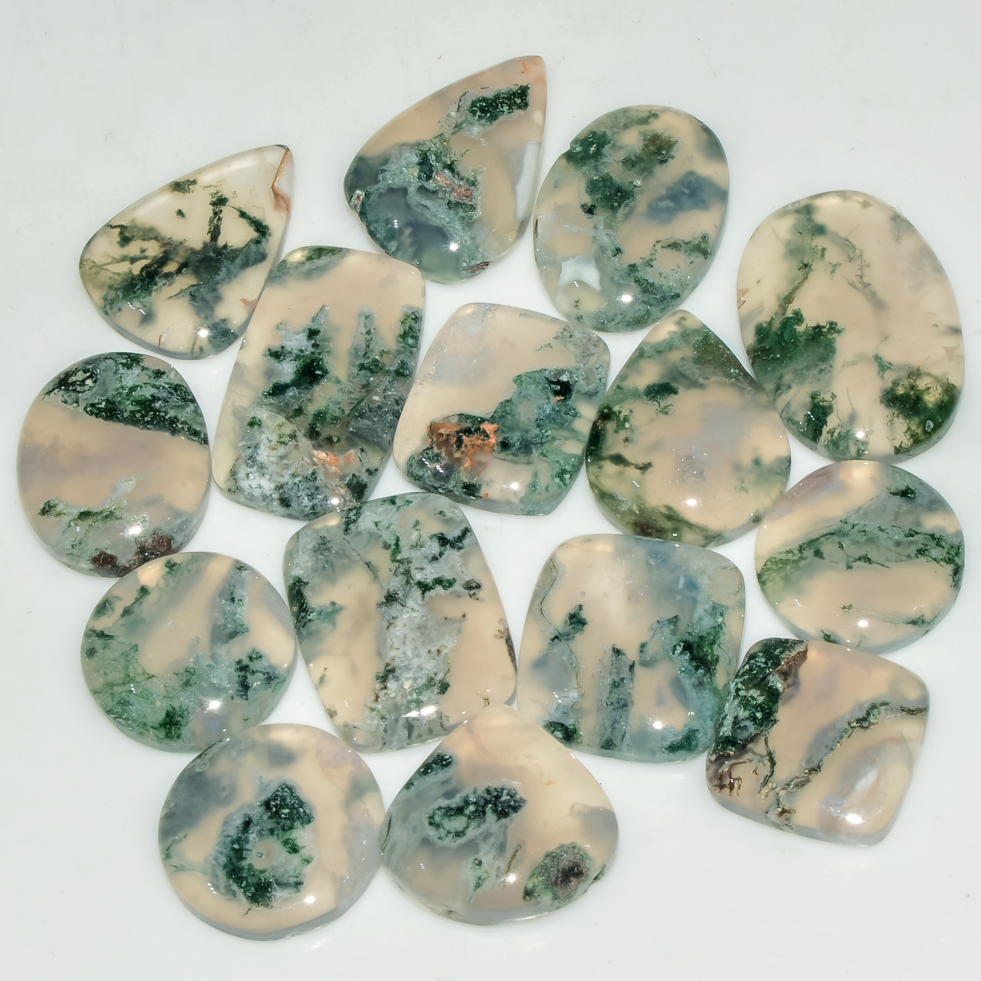 15 Pcs 154 Cts Green Moss Agate Cabochon Loose Gemstone Lot Natural Crystal For Healing and Reiki 22X15 15X15mm 18152