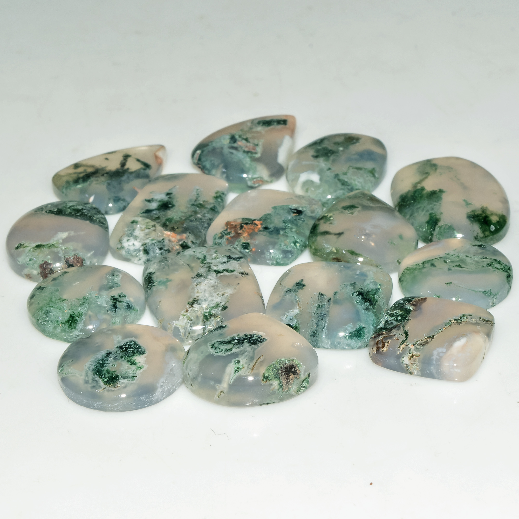 15 Pcs 154 Cts Green Moss Agate Cabochon Loose Gemstone Lot Natural Crystal For Healing and Reiki 22X15 15X15mm 18152