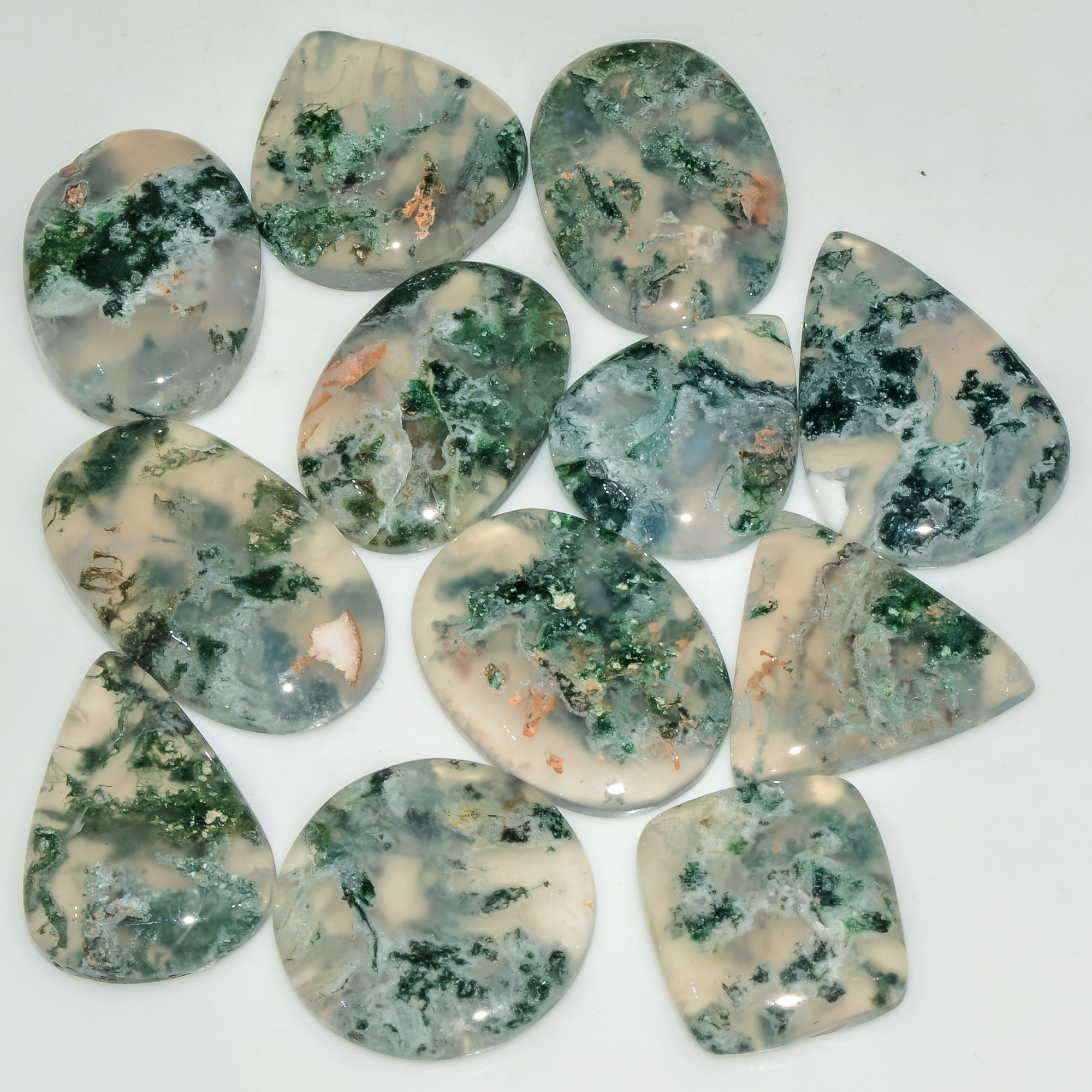 12 Pcs 191 Cts Green Moss Agate Cabochon Loose Gemstone Lot Natural Crystal For Healing and Reiki 27X16 20X17mm 18153