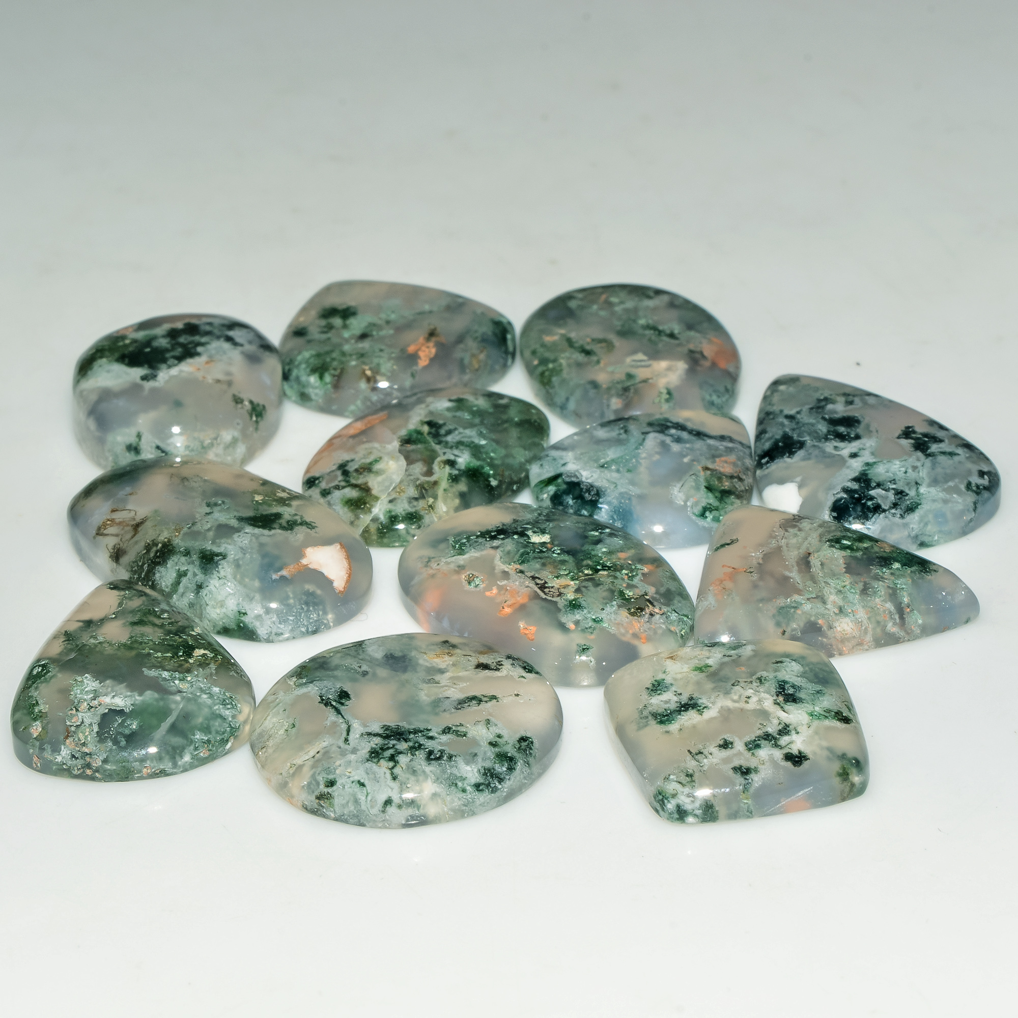 12 Pcs 191 Cts Green Moss Agate Cabochon Loose Gemstone Lot Natural Crystal For Healing and Reiki 27X16 20X17mm 18153