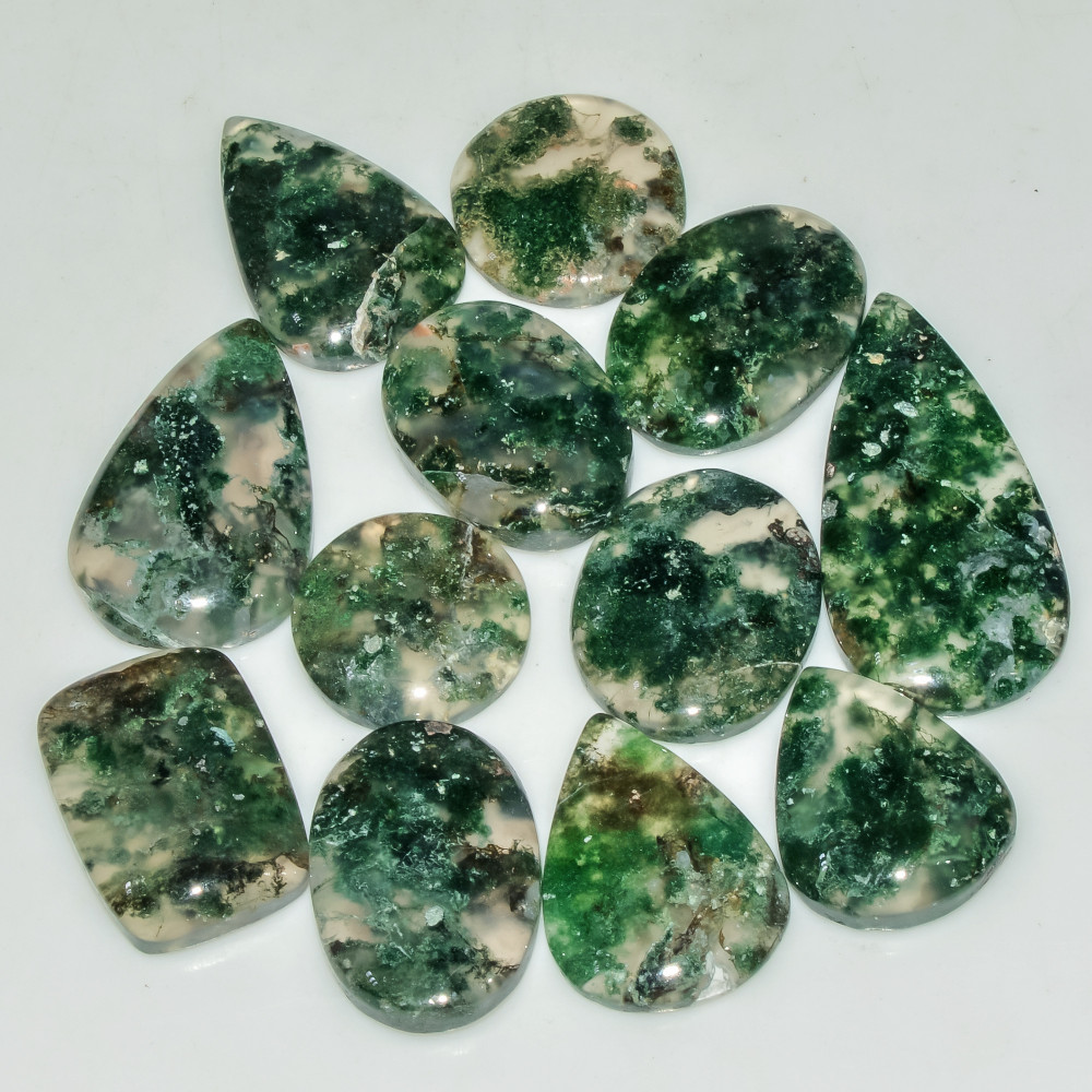 Image of 12 Pcs 137 Cts Green Moss Agate Cabochon Loose Gemstone Lot Natural Crystal For Healing and Reiki 31X15 15X15mm #18154