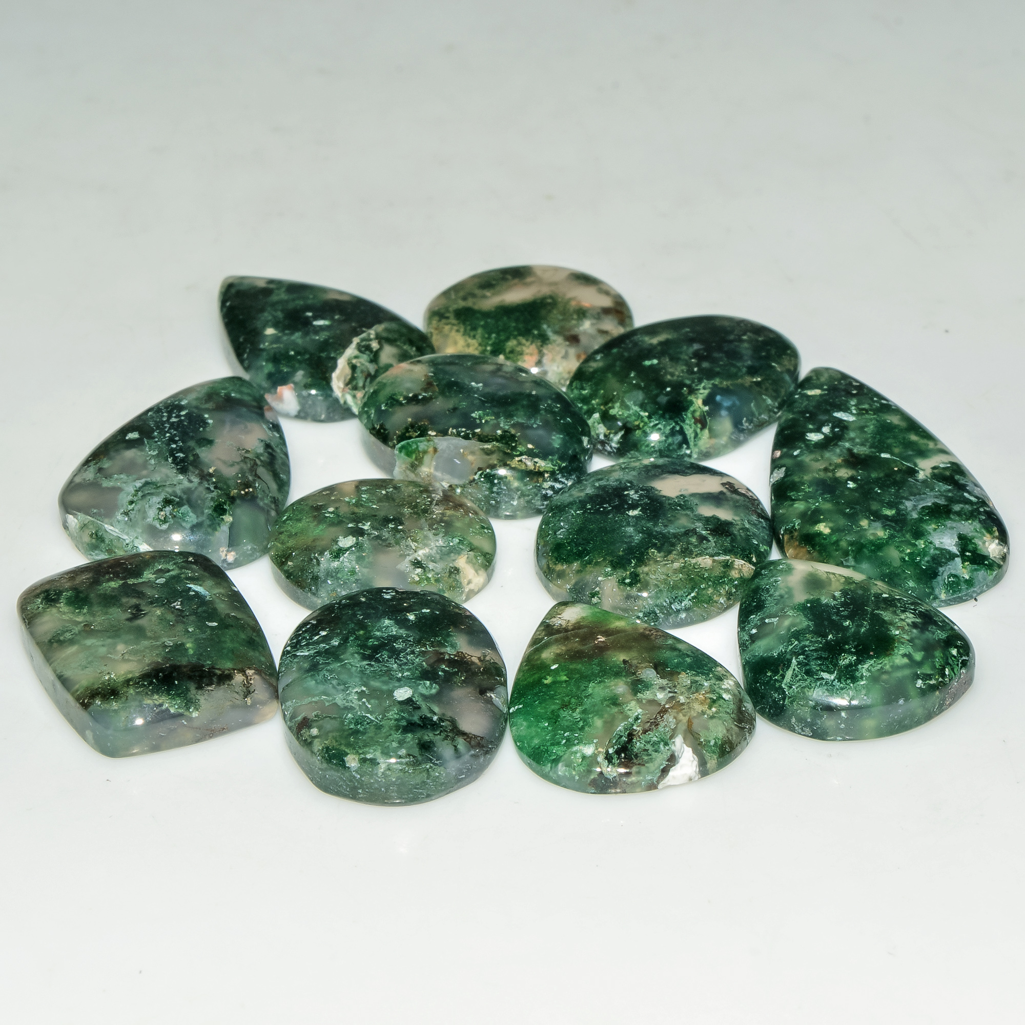 12 Pcs 137 Cts Green Moss Agate Cabochon Loose Gemstone Lot Natural Crystal For Healing and Reiki 31X15 15X15mm 18154