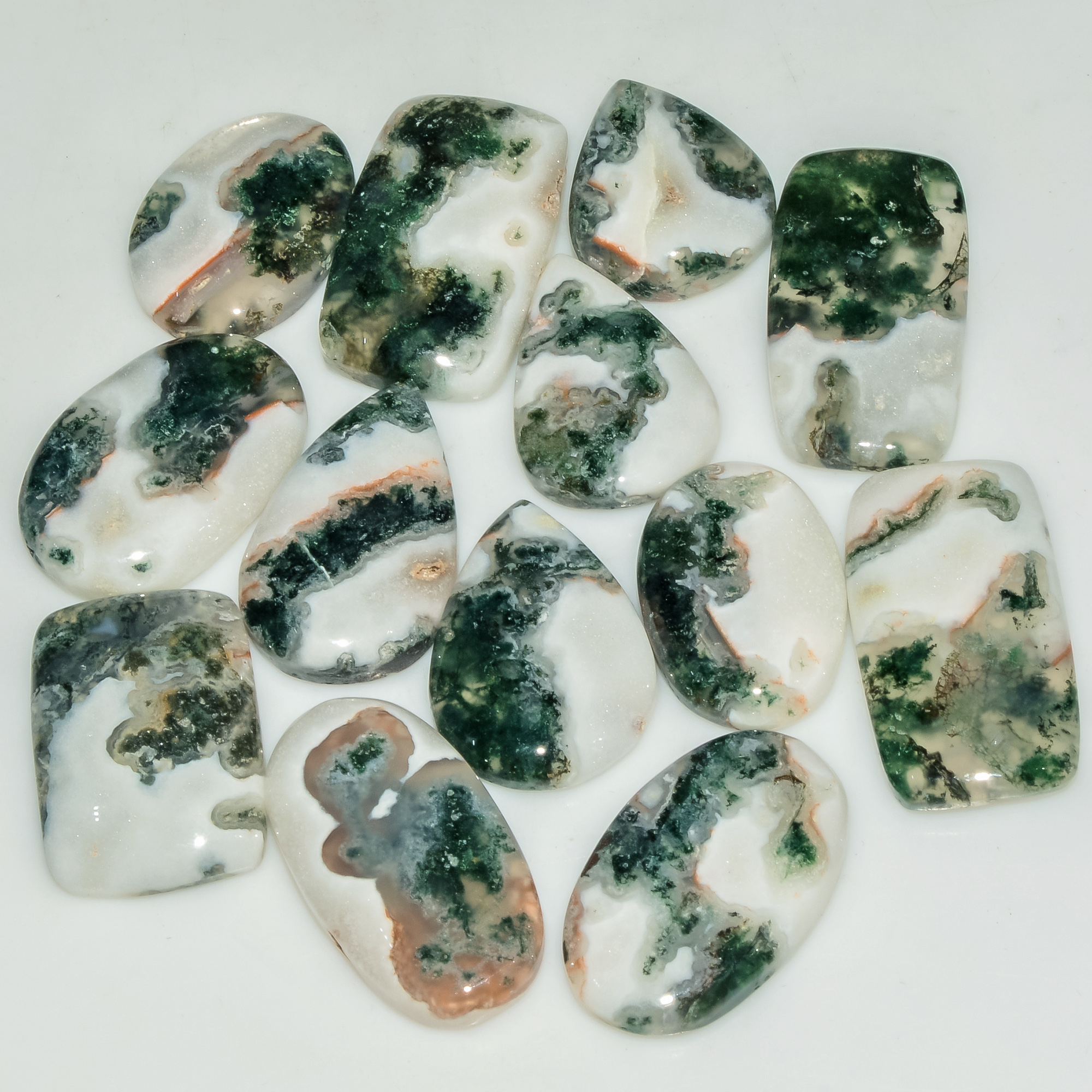 13 Pcs 189 Cts Green Moss Agate Cabochon Loose Gemstone Lot Natural Crystal For Healing and Reiki 25X14 17X15mm 18155