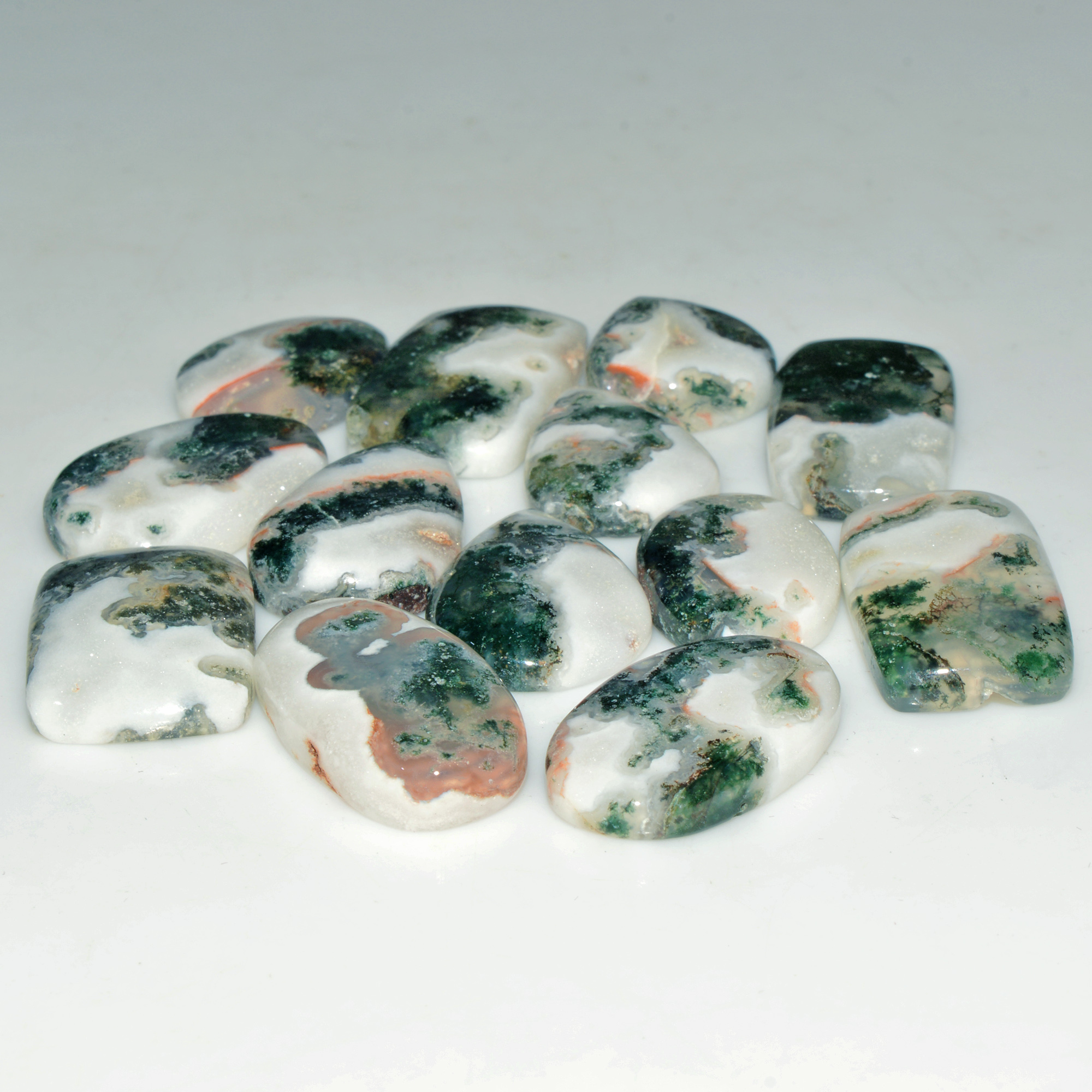 13 Pcs 189 Cts Green Moss Agate Cabochon Loose Gemstone Lot Natural Crystal For Healing and Reiki 25X14 17X15mm 18155