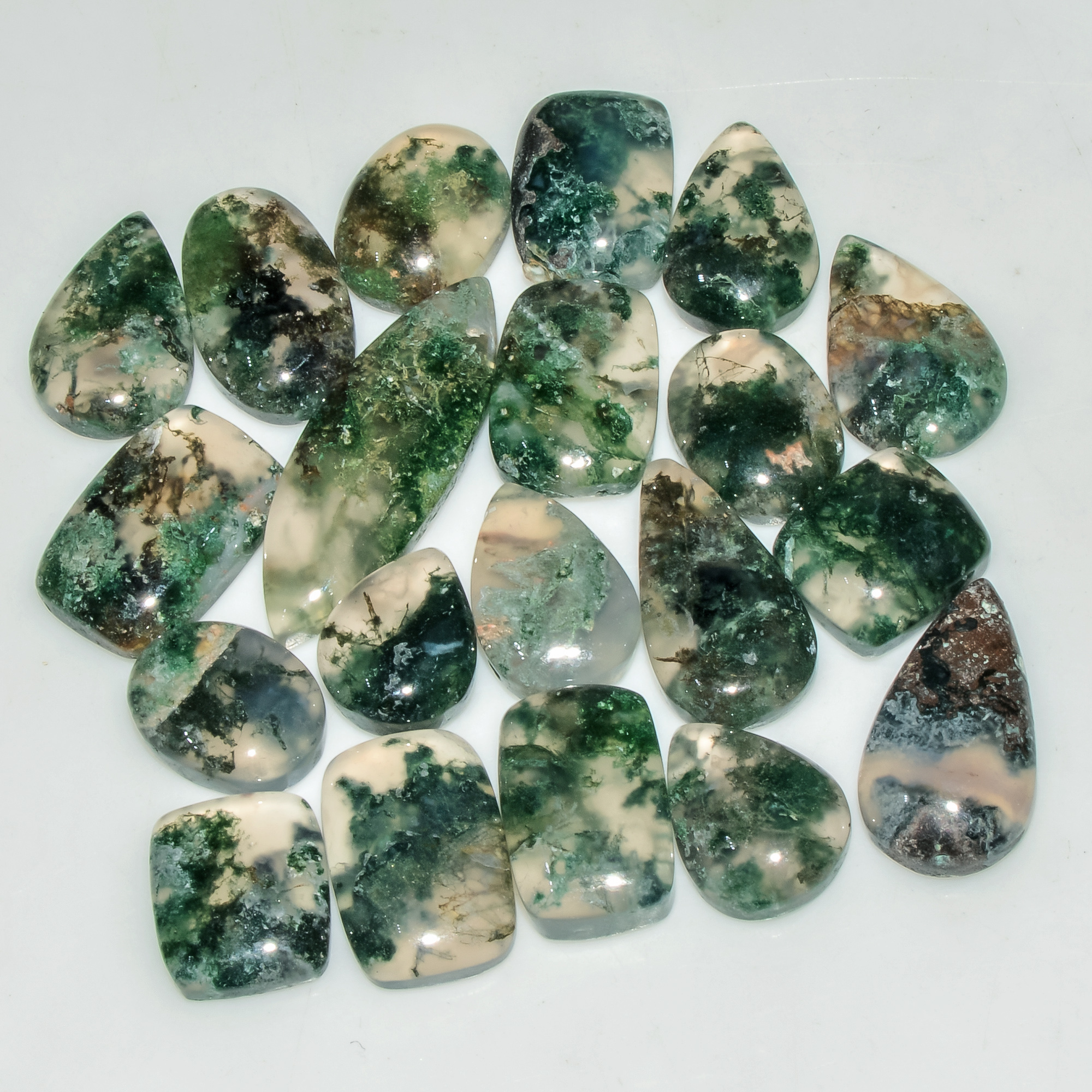 20 Pcs 98 Cts Green Moss Agate Cabochon Loose Gemstone Lot Natural Crystal For Healing and Reiki 25X8 10X8mm 18156