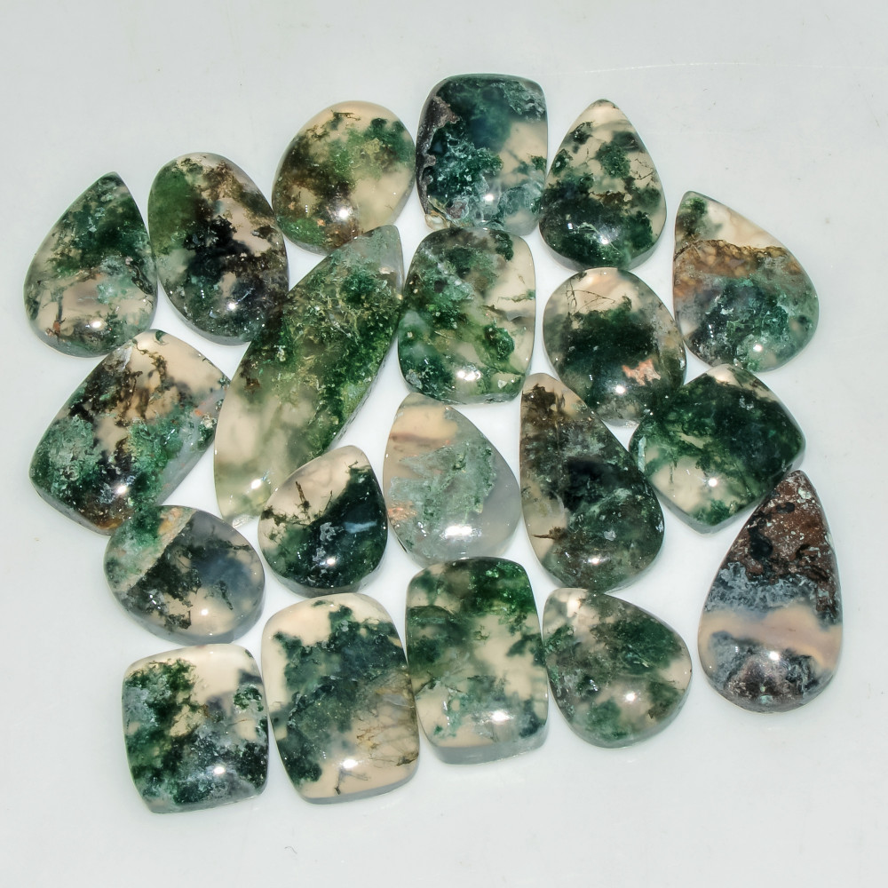 Image of 20 Pcs 98 Cts Green Moss Agate Cabochon Loose Gemstone Lot Natural Crystal For Healing and Reiki 25X8 10X8mm #18156