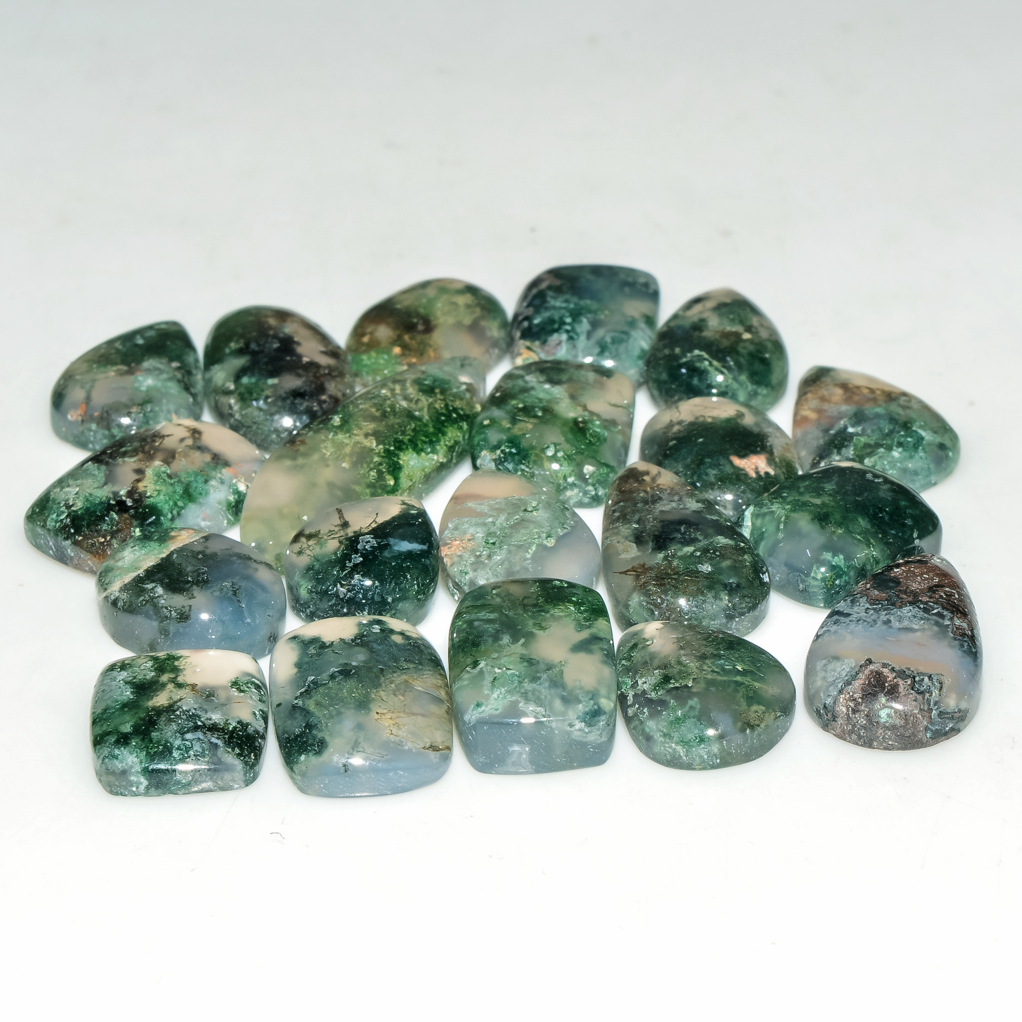 20 Pcs 98 Cts Green Moss Agate Cabochon Loose Gemstone Lot Natural Crystal For Healing and Reiki 25X8 10X8mm 18156