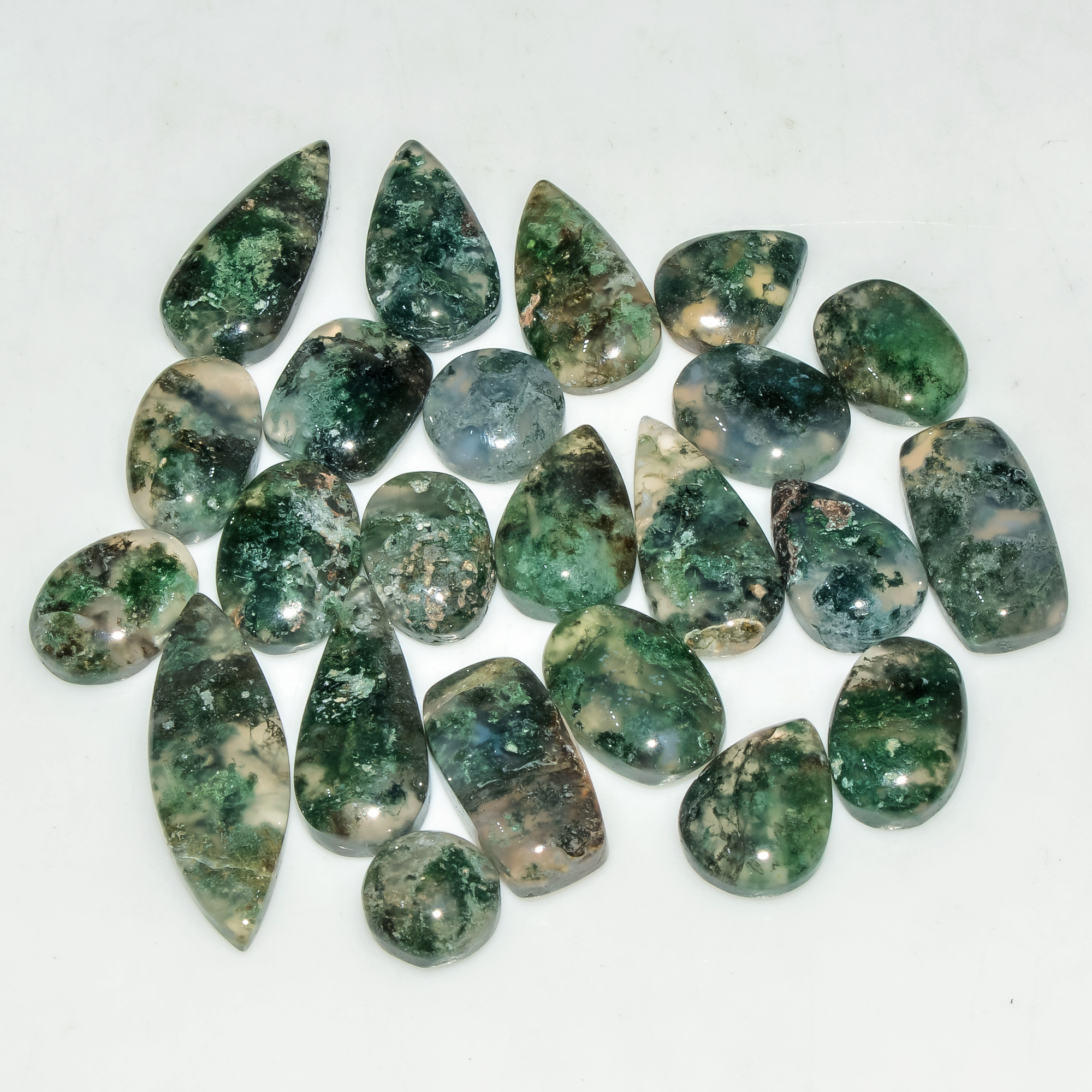 23 Pcs 122 Cts Green Moss Agate Cabochon Loose Gemstone Lot Natural Crystal For Healing and Reiki 25X9 8X8mm 18158
