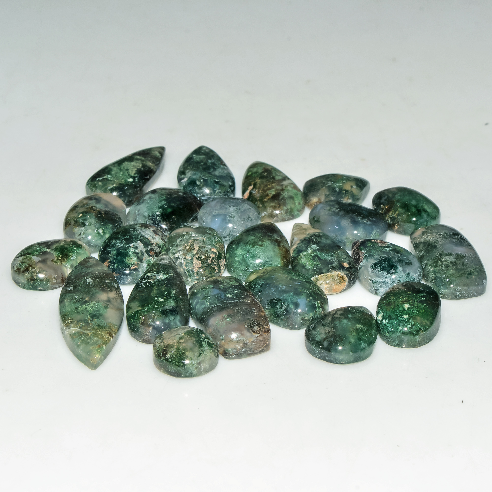 23 Pcs 122 Cts Green Moss Agate Cabochon Loose Gemstone Lot Natural Crystal For Healing and Reiki 25X9 8X8mm 18158
