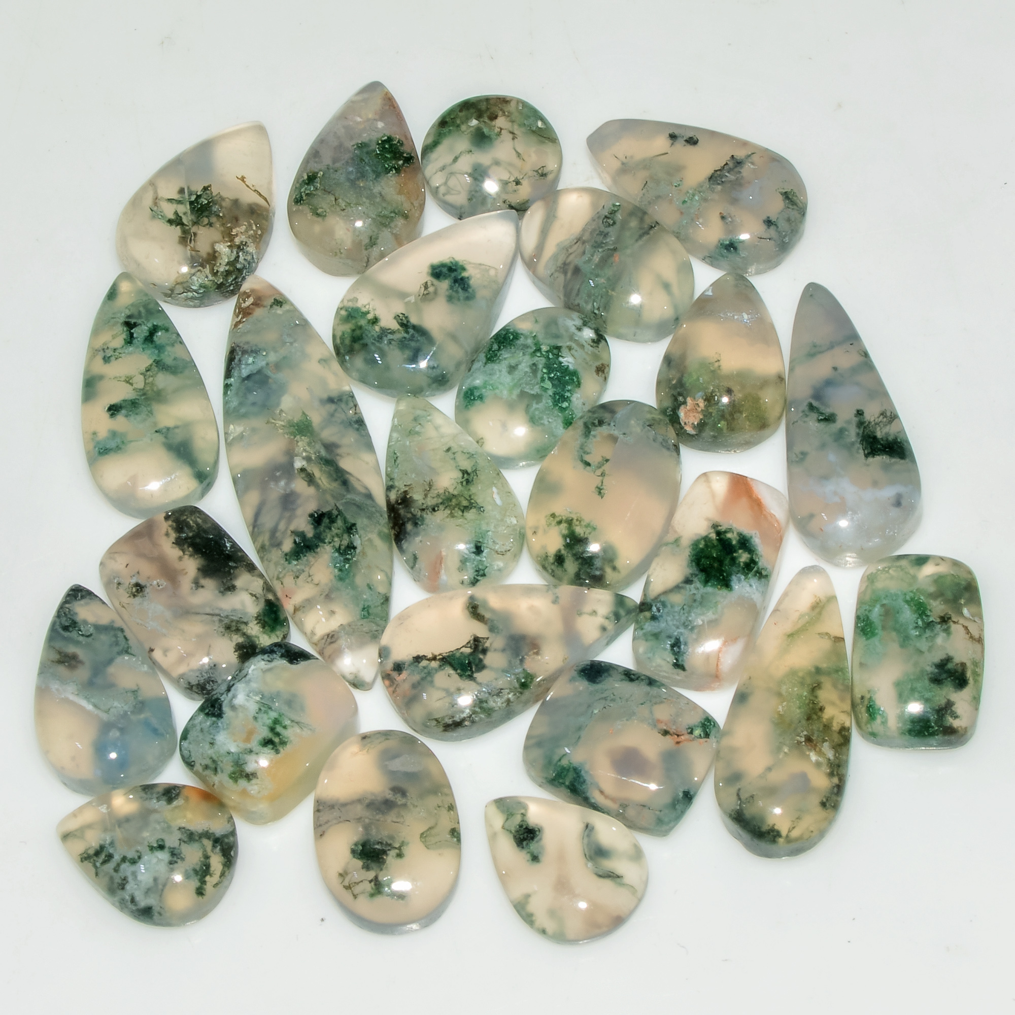 24 Pcs 96 Cts Green Moss Agate Cabochon Loose Gemstone Lot Natural Crystal For Healing and Reiki 29X9 11X7mm 18159