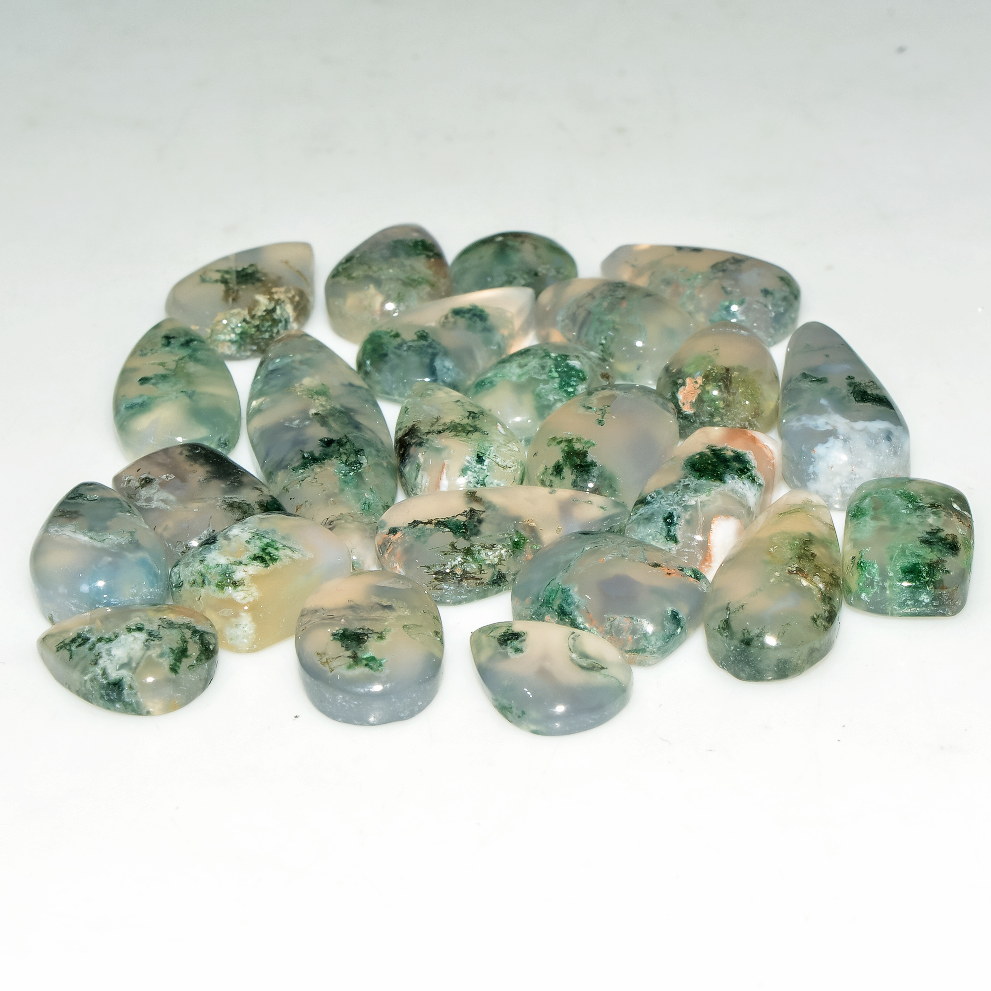 24 Pcs 96 Cts Green Moss Agate Cabochon Loose Gemstone Lot Natural Crystal For Healing and Reiki 29X9 11X7mm 18159