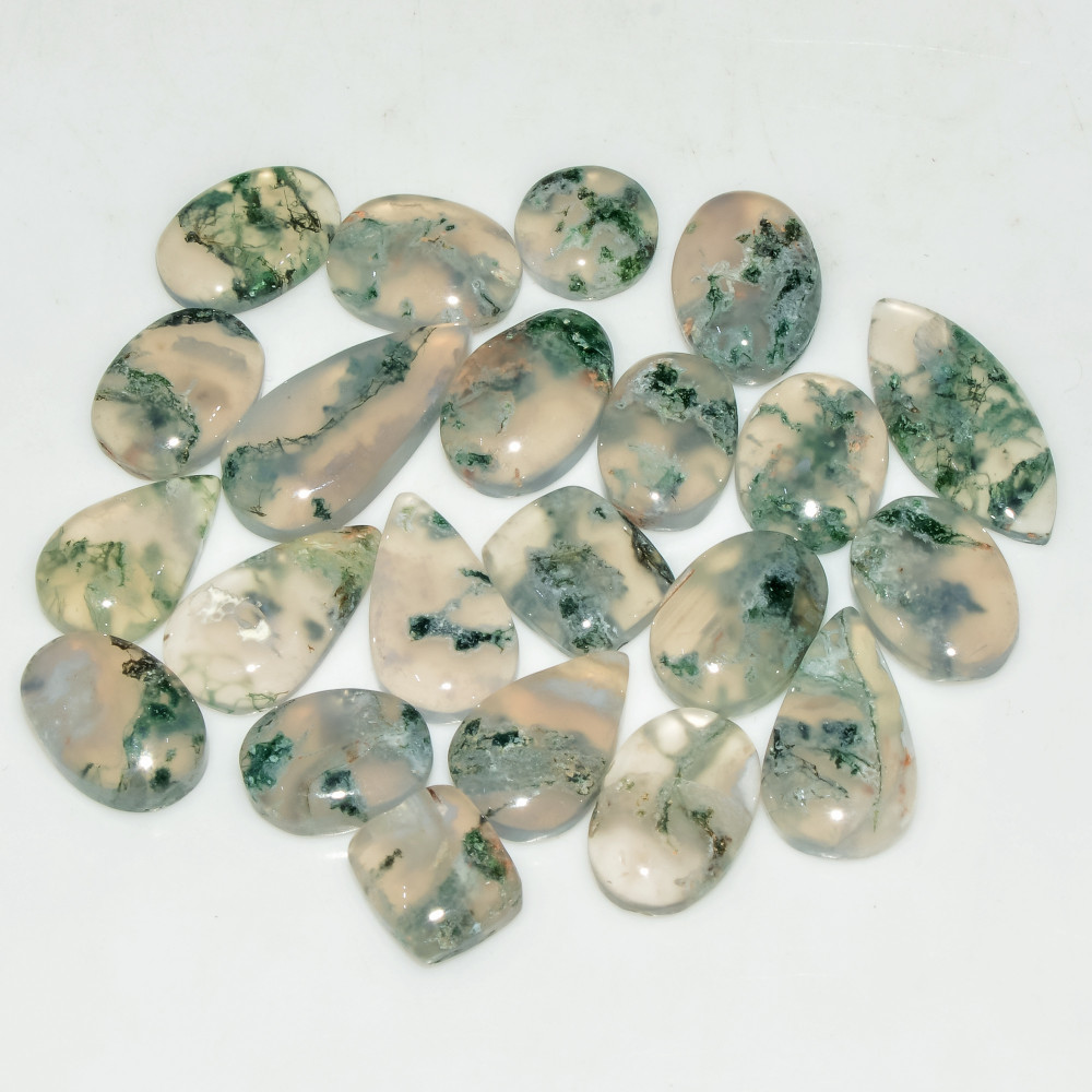 Image of 22 Pcs 100 Cts Green Moss Agate Cabochon Loose Gemstone Lot Natural Crystal For Healing and Reiki 19X9 9X8mm #18160