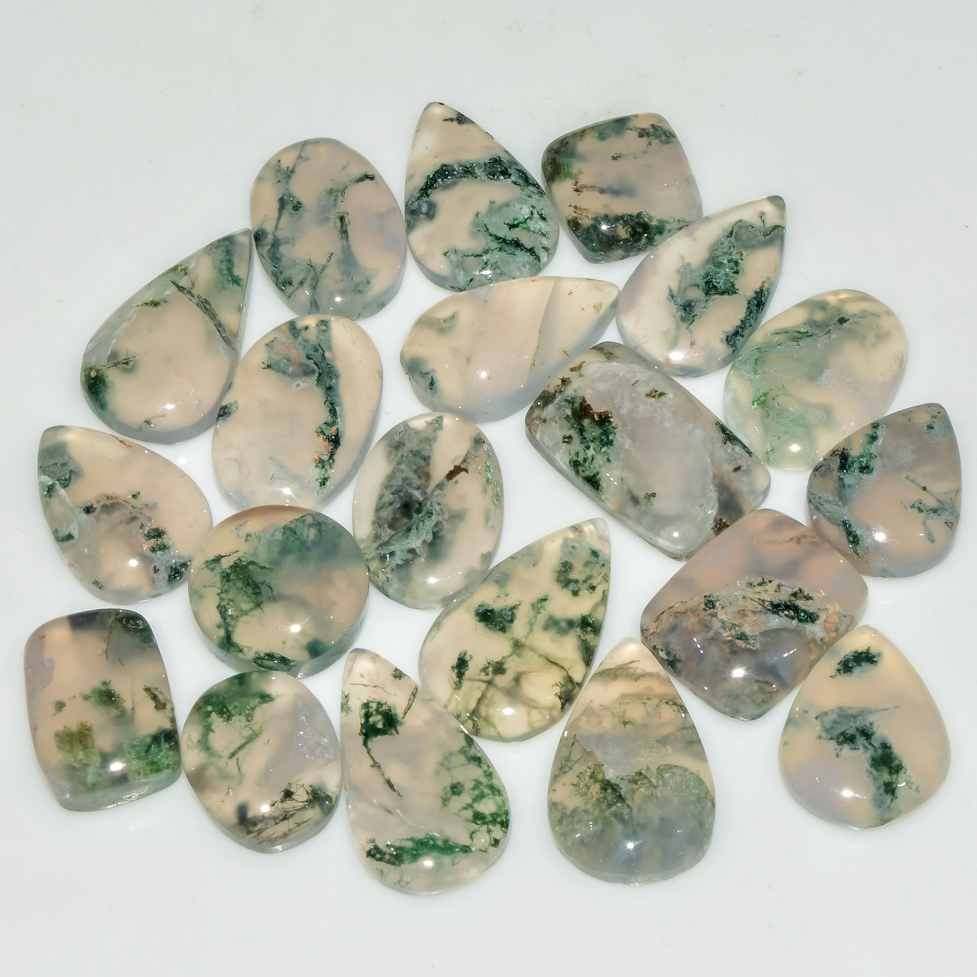 20 Pcs 135 Cts Green Moss Agate Cabochon Loose Gemstone Lot Natural Crystal For Healing and Reiki 19X11 10X10mm 18161
