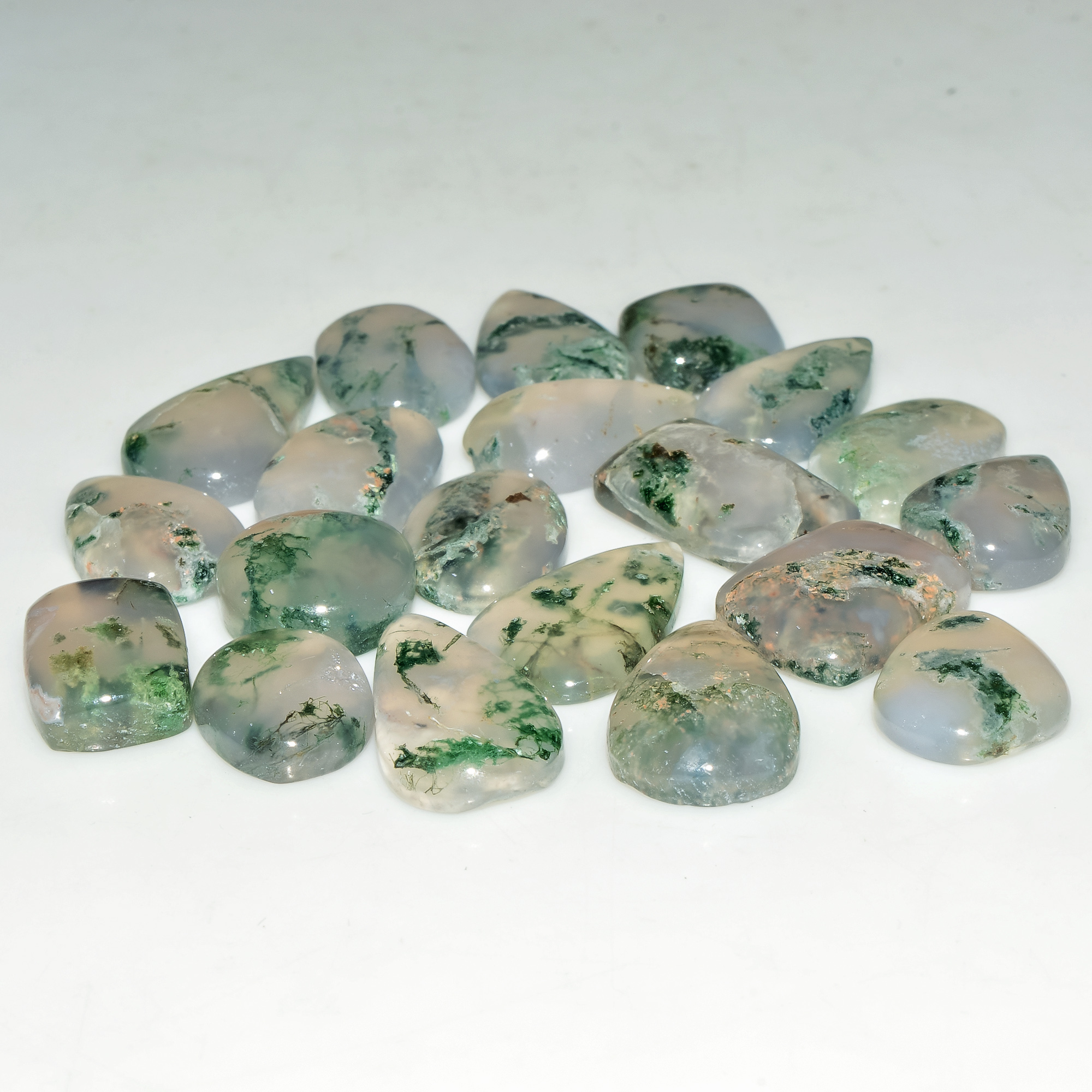 20 Pcs 135 Cts Green Moss Agate Cabochon Loose Gemstone Lot Natural Crystal For Healing and Reiki 19X11 10X10mm 18161