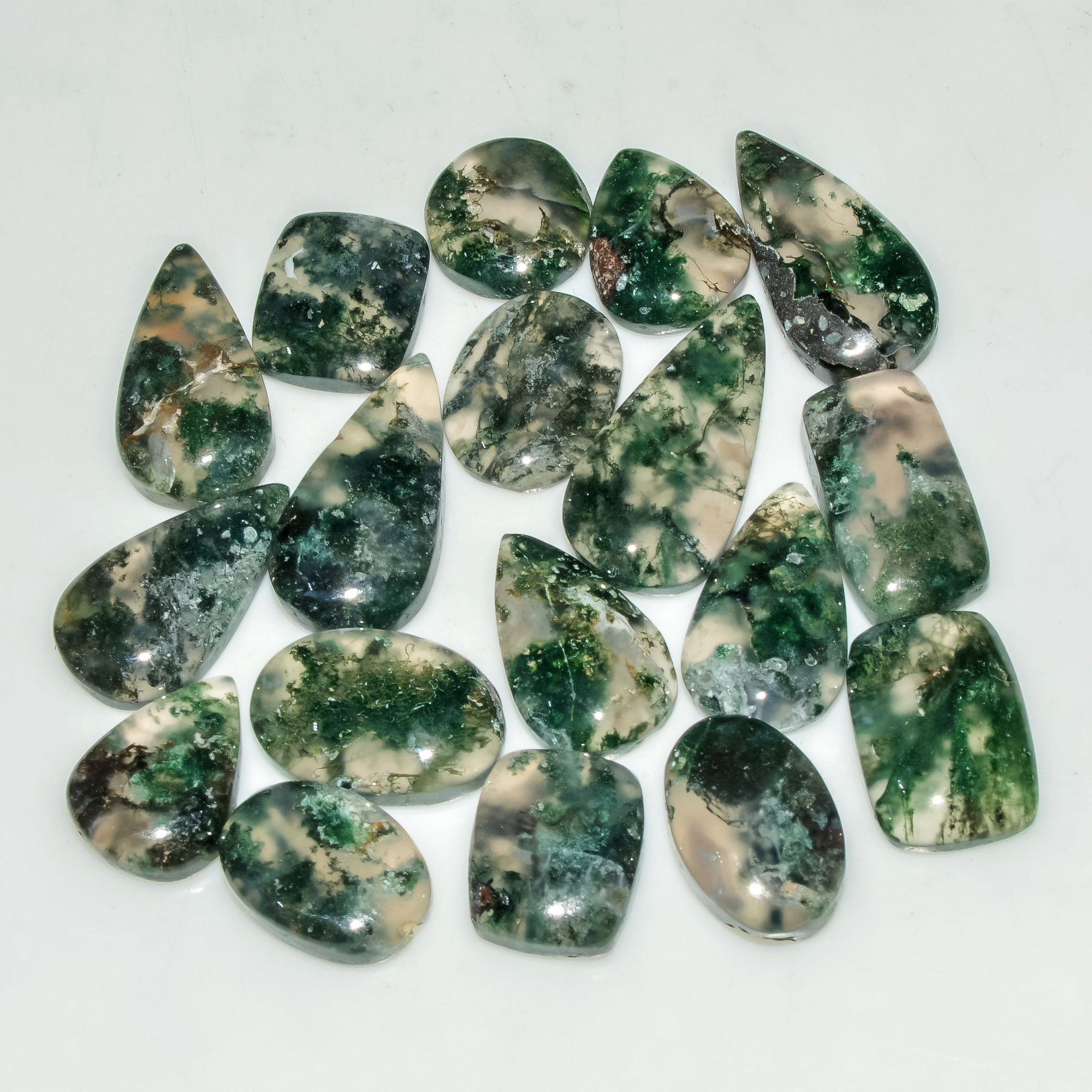 18 Pcs 141 Cts Green Moss Agate Cabochon Loose Gemstone Lot Natural Crystal For Healing and Reiki 23X11 11X11mm 18162