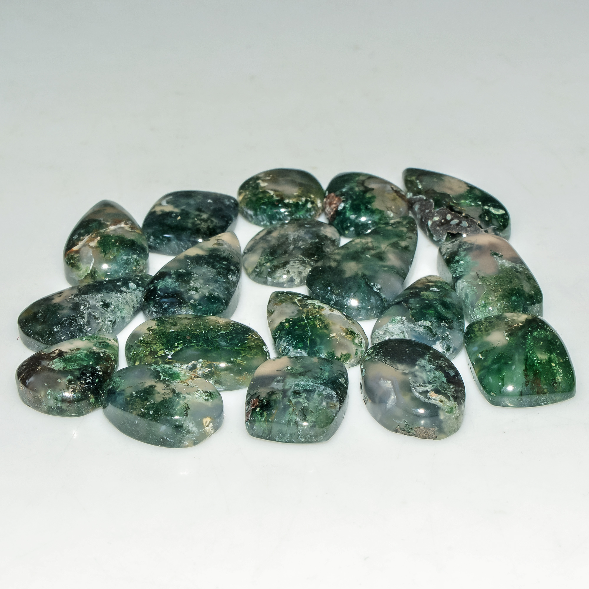 18 Pcs 141 Cts Green Moss Agate Cabochon Loose Gemstone Lot Natural Crystal For Healing and Reiki 23X11 11X11mm 18162