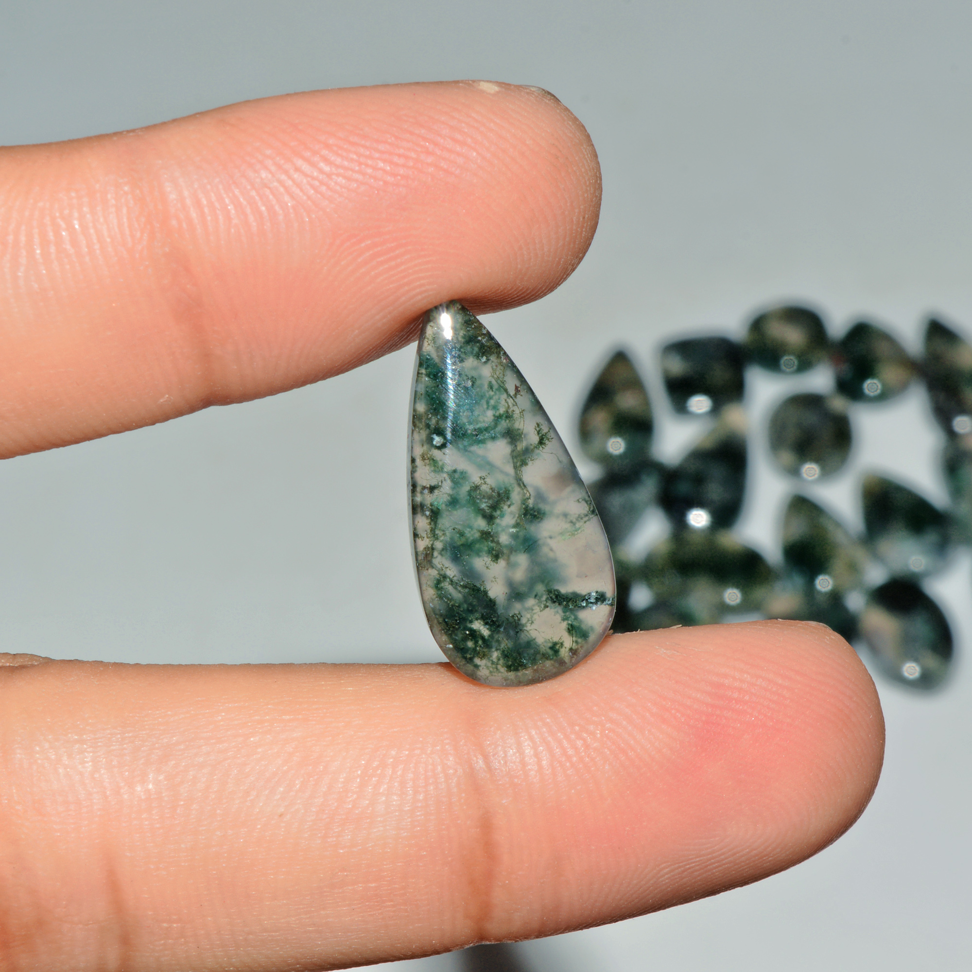 18 Pcs 141 Cts Green Moss Agate Cabochon Loose Gemstone Lot Natural Crystal For Healing and Reiki 23X11 11X11mm 18162