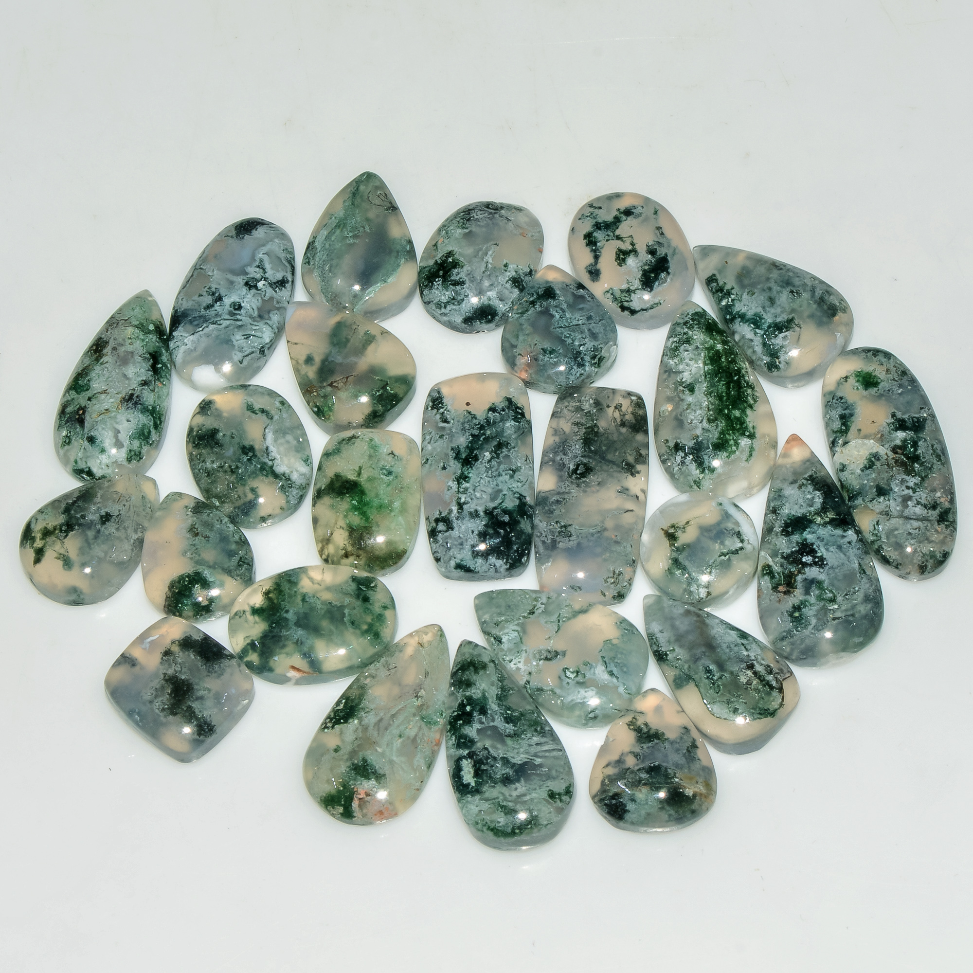 25 Pcs 162 Cts Green Moss Agate Cabochon Loose Gemstone Lot Natural Crystal For Healing and Reiki 22X9 12X10mm 18163