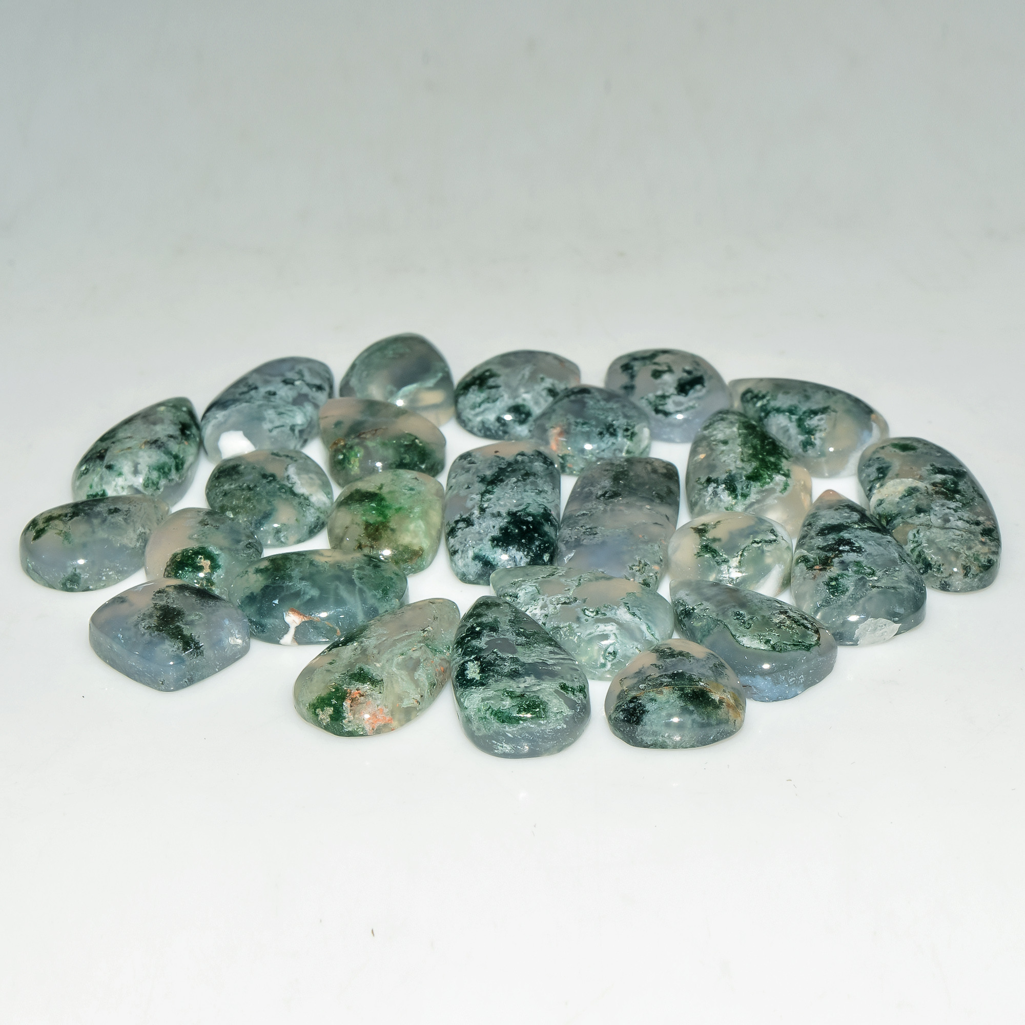25 Pcs 162 Cts Green Moss Agate Cabochon Loose Gemstone Lot Natural Crystal For Healing and Reiki 22X9 12X10mm 18163
