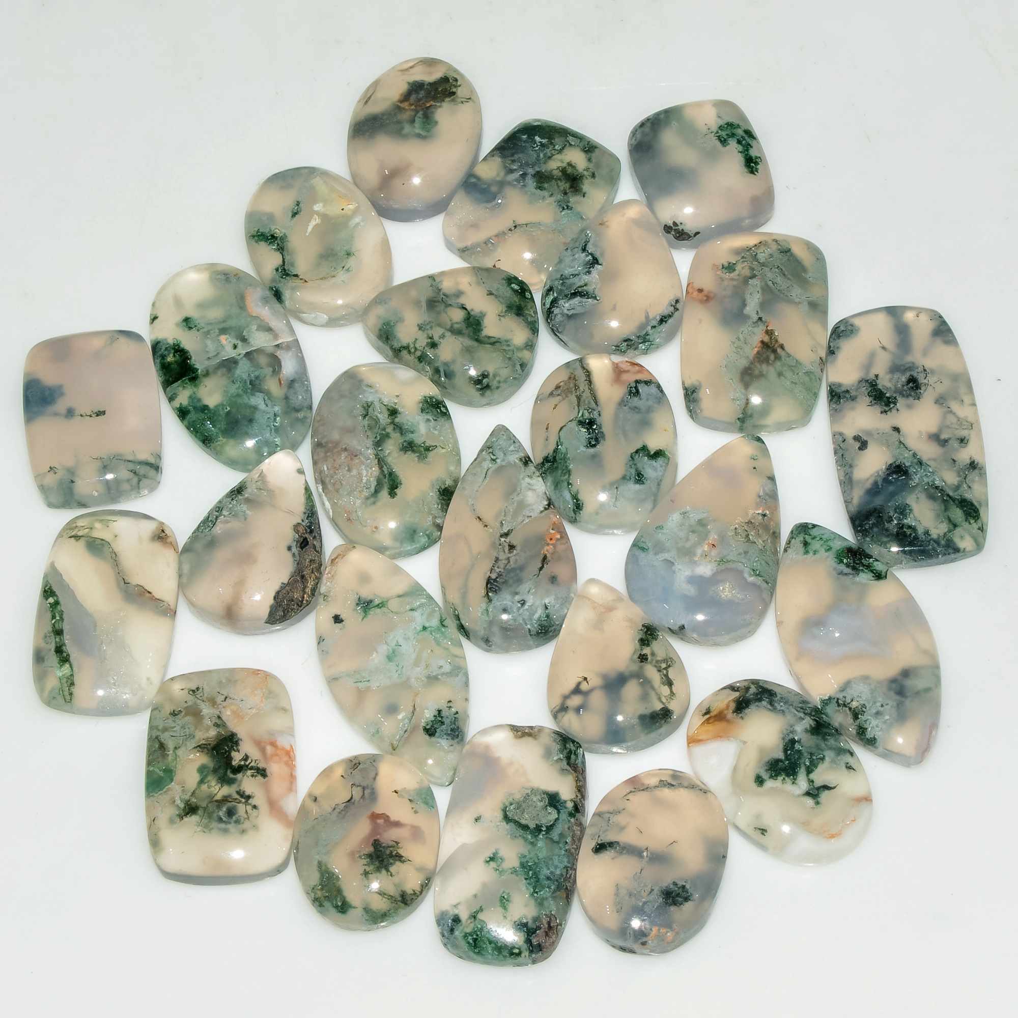 24 Pcs 145 Cts Green Moss Agate Cabochon Loose Gemstone Lot Natural Crystal For Healing and Reiki 21X10 12X10mm 18164