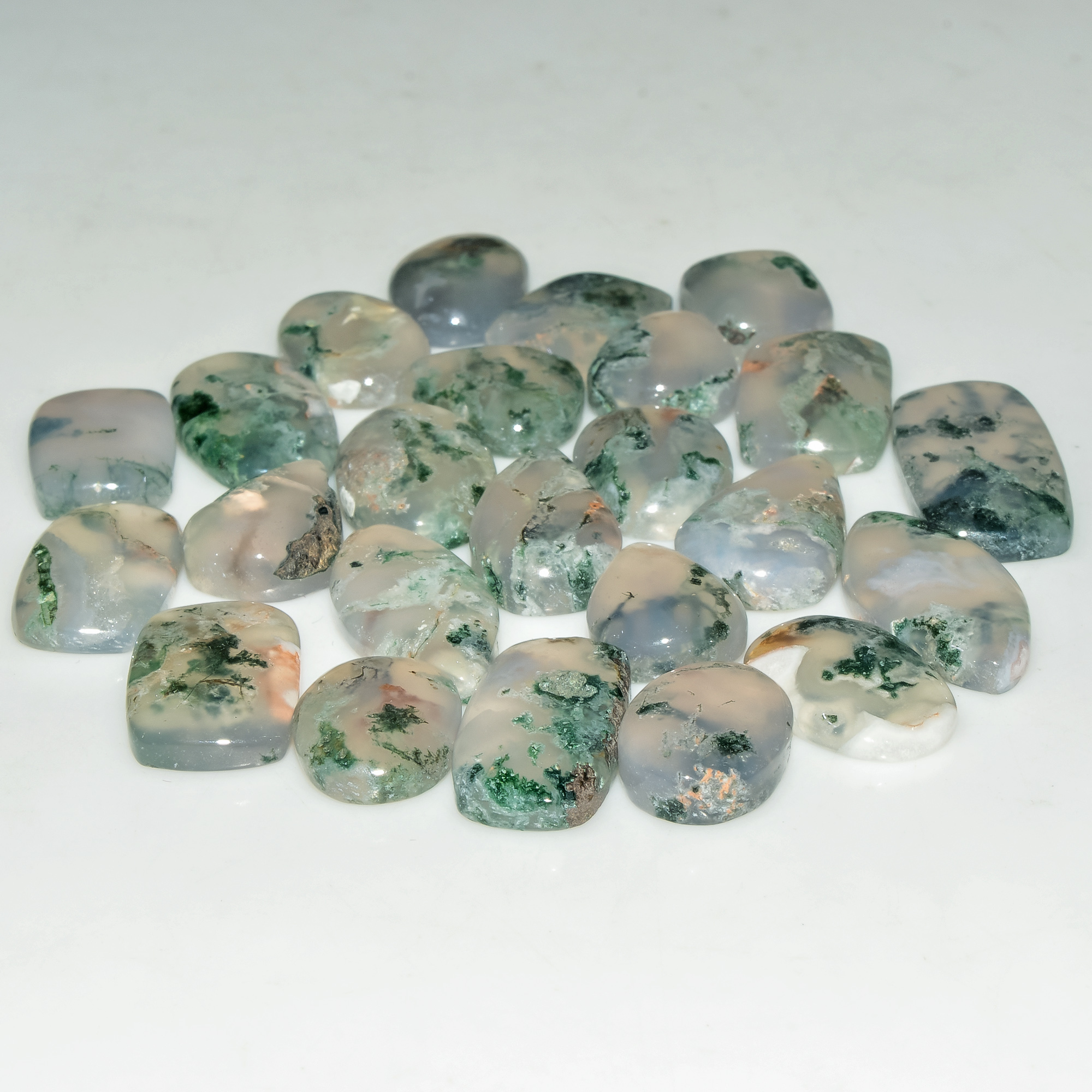 24 Pcs 145 Cts Green Moss Agate Cabochon Loose Gemstone Lot Natural Crystal For Healing and Reiki 21X10 12X10mm 18164