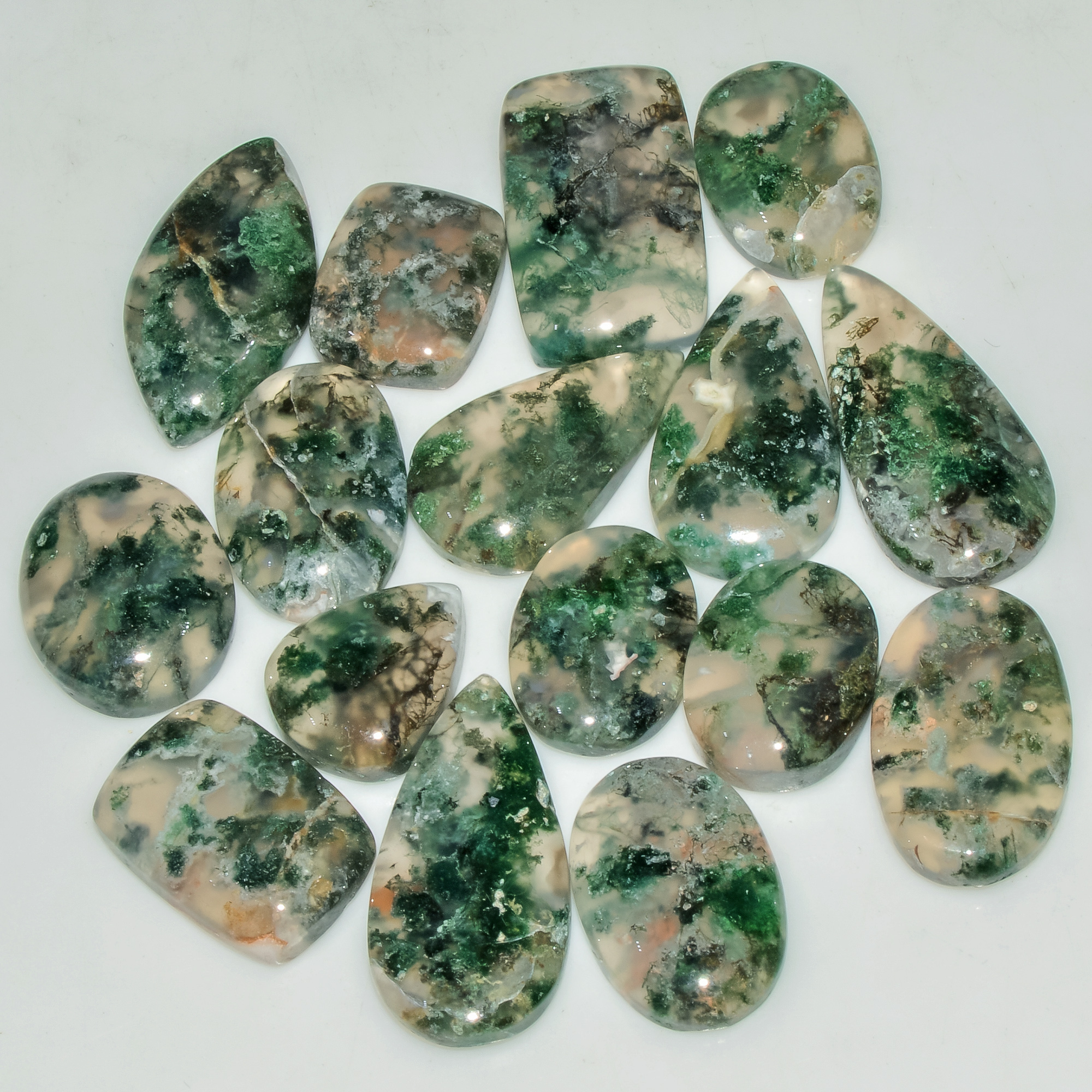 16 Pcs 162 Cts Green Moss Agate Cabochon Loose Gemstone Lot Natural Crystal For Healing and Reiki 25X12 15X11mm 18165