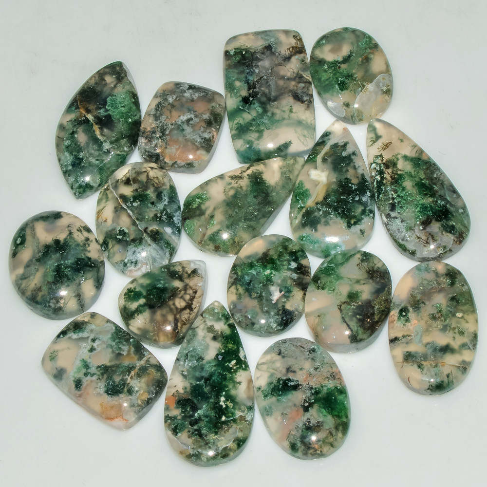 Image of 16 Pcs 162 Cts Green Moss Agate Cabochon Loose Gemstone Lot Natural Crystal For Healing and Reiki 25X12 15X11mm #18165