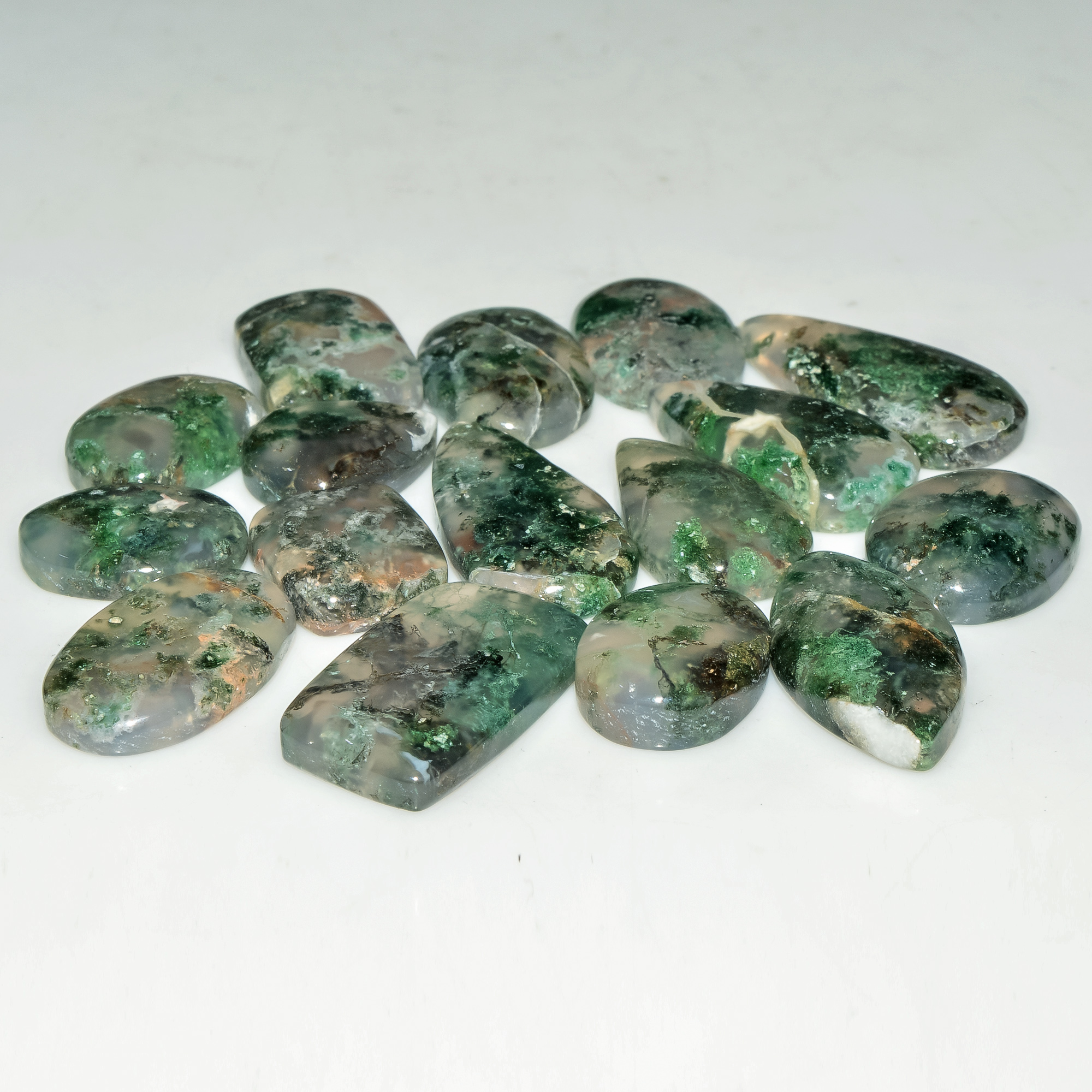 16 Pcs 162 Cts Green Moss Agate Cabochon Loose Gemstone Lot Natural Crystal For Healing and Reiki 25X12 15X11mm 18165